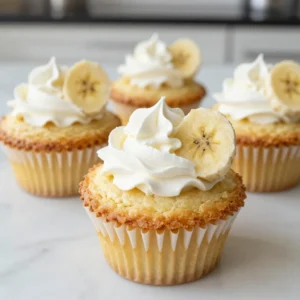 Here are the key ingredients you will need for your Banana Cream Pie Cupcakes. Each one adds a special touch to this tasty treat. - 1 1/2 cups all-purpose flour - 1 teaspoon baking powder - 1/2 teaspoon baking soda - 1/4 teaspoon salt - 1/2 cup unsalted butter, softened - 1 cup granulated sugar - 2 large eggs - 1 teaspoon vanilla extract - 1/2 cup buttermilk - 1 large ripe banana, mashed - 1/2 cup instant vanilla pudding mix - 1 cup heavy cream - 2 tablespoons powdered sugar - Fresh banana slices and whipped cream for topping Each ingredient plays a role in making these cupcakes soft, sweet, and full of flavor. The ripe banana adds natural sweetness and moisture. The instant vanilla pudding mix gives a creamy texture that enhances the banana flavor. Don't forget the whipped cream and fresh banana slices; they are the cherry on top! {{ingredient_image_1}} 1. Preheat the oven and prepare the cupcake pan: Start by preheating your oven to 350&deg;F (175&deg;C). This step is crucial for even baking. Line a cupcake pan with paper liners for easy removal. 2. Mix dry ingredients: In a medium bowl, whisk together 1 &frac12; cups all-purpose flour, 1 teaspoon baking powder, &frac12; teaspoon baking soda, and &frac14; teaspoon salt. This mix will help your cupcakes rise well. 3. Cream together butter and sugar: In a large mixing bowl, beat &frac12; cup softened unsalted butter with 1 cup granulated sugar. Mix until the mixture is light and fluffy. This usually takes about 3 to 4 minutes. This creates a nice base for your cupcakes. 1. Incorporate eggs and vanilla: Add 2 large eggs to the butter and sugar mix, one at a time. Mix well after each egg. Stir in 1 teaspoon of vanilla extract. This adds great flavor. 2. Combine dry and wet mixtures: Gradually add the dry mixture to the wet mixture. Alternate adding &frac12; cup buttermilk, starting and ending with the flour. Mix until just combined. This helps keep the batter light. 3. Fold in banana and pudding: Gently fold in 1 large ripe banana, mashed, and &frac12; cup instant vanilla pudding mix. Make sure everything is well mixed but do not overwork it. This gives the cupcakes their creamy texture. 1. Fill cupcake liners and bake: Divide the batter evenly among the cupcake liners, filling each about two-thirds full. Bake in the oven for 18 to 20 minutes. Use a toothpick to check if they are done; it should come out clean. 2. Cool before topping: Once baked, let the cupcakes cool in the pan for about 5 minutes. Then, transfer them to a wire rack to cool completely. This step ensures the cupcakes hold their shape. 1. Make whipped cream: In a medium bowl, whip 1 cup of heavy cream with 2 tablespoons powdered sugar until stiff peaks form. This will be your fluffy topping. 2. Fill and decorate cupcakes: After the cupcakes cool, scoop out a small hole in the center of each cupcake. Fill each hole with a dollop of whipped cream. Top with fresh banana slices and pipe more whipped cream on top for decoration. This makes them look as good as they taste! To ensure a perfect cupcake texture, follow these steps: - Use room temperature ingredients: Make sure your butter, eggs, and buttermilk are at room temperature. This helps create a smooth batter. - Measure flour correctly: Spoon flour into your measuring cup and level it off. This avoids dense cupcakes. - Don&rsquo;t overmix: When combining wet and dry ingredients, mix just until combined. Overmixing makes cupcakes tough. Common mistakes to avoid include: - Skipping the cooling step: Allow cupcakes to cool fully before adding toppings. This prevents melting cream. - Not checking doneness: Use a toothpick to check if the cupcakes are done. If it comes out clean, they&rsquo;re ready! Here are some creative ways to present your cupcakes: - Layered presentation: Pipe whipped cream and then add banana slices on top for height. - Garnish with a drizzle: Drizzle melted chocolate or caramel sauce for added flair. For flavor enhancements with toppings: - Add crushed graham crackers: Sprinkle crushed graham crackers on top for a pie crust effect. - Mix in flavored extracts: Try adding a hint of coconut or almond extract for a twist. Pro Tips Use Ripe Bananas: The riper the bananas, the sweeter and more flavorful your cupcakes will be. Look for bananas with brown spots for the best taste. Don&rsquo;t Overmix: When combining the wet and dry ingredients, mix until just combined. Overmixing can lead to dense cupcakes. Chill the Whipped Cream: For better stability, chill the mixing bowl and beaters before whipping the cream. This helps achieve stiff peaks more easily. Customize Toppings: Feel free to get creative with your toppings! Add crushed graham crackers or chocolate shavings along with the banana and whipped cream for extra flavor and texture. {{image_2}} You can add fun twists to your banana cream pie cupcakes. Consider mixing in chocolate chips or nuts for extra texture. A handful of mini chocolate chips gives a sweet surprise. Chopped walnuts or pecans add a nice crunch. You can also try different pudding flavors. Swap vanilla pudding with banana or even chocolate. Each change gives a new taste to these cupcakes. Experiment and find your favorite flavor mix! If you need gluten-free options, use a gluten-free flour blend. This keeps the texture light and fluffy. Make sure to check the blend's measurements for best results. For vegan substitutions, use plant-based butter and a flax egg. To make a flax egg, mix one tablespoon of flaxseed meal with three tablespoons of water. Leave it to set for five minutes. Replace dairy milk with almond or soy milk for a creamy texture. These small changes keep the cupcakes delicious while meeting dietary needs! To keep your banana cream pie cupcakes fresh, store them in an airtight container. This helps maintain their moisture and flavor. You can place parchment paper between layers to prevent sticking. These cupcakes last for about 3-4 days at room temperature. If you want them to last longer, refrigerate them. They will stay fresh for up to a week in the fridge. Just remember that the whipped cream topping may lose some texture after a day. If you have leftovers, the best way to enjoy them is slightly warmed. Take a cupcake and place it in the microwave for about 10-15 seconds. This warms up the cupcake without making it soggy. If you want to eat them cold, they are still delicious right from the fridge. Top with fresh whipped cream and banana slices for a tasty treat! Can I make these cupcakes ahead of time? Yes, you can make these cupcakes ahead of time. Bake them a day or two early. Store them in an airtight container at room temperature. Just wait to add the whipped cream topping until you are ready to serve them. This keeps them fresh. How do I store leftover cupcakes? To store leftover cupcakes, place them in an airtight container. You can keep them at room temperature for up to three days. If you want to keep them longer, store them in the fridge. Just remember to cover the whipped cream to keep it fresh. Can I use ripe bananas for this recipe? Absolutely! Ripe bananas work best in this recipe. They add more natural sweetness and flavor. The riper the banana, the better your cupcakes will taste. Just mash them well before mixing into the batter. You learned how to make delicious banana cream pie cupcakes. We covered all the key ingredients plus step-by-step instructions. I shared tips and tricks for baking, decorating, and storing. You can customize flavors and adjust for dietary needs. In my opinion, these cupcakes are a fun treat for you and friends. You&rsquo;ll impress everyone with your baking skills. Enjoy making and savoring these delightful cupcakes!