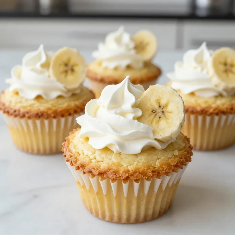 Here are the key ingredients you will need for your Banana Cream Pie Cupcakes. Each one adds a special touch to this tasty treat. - 1 1/2 cups all-purpose flour - 1 teaspoon baking powder - 1/2 teaspoon baking soda - 1/4 teaspoon salt - 1/2 cup unsalted butter, softened - 1 cup granulated sugar - 2 large eggs - 1 teaspoon vanilla extract - 1/2 cup buttermilk - 1 large ripe banana, mashed - 1/2 cup instant vanilla pudding mix - 1 cup heavy cream - 2 tablespoons powdered sugar - Fresh banana slices and whipped cream for topping Each ingredient plays a role in making these cupcakes soft, sweet, and full of flavor. The ripe banana adds natural sweetness and moisture. The instant vanilla pudding mix gives a creamy texture that enhances the banana flavor. Don't forget the whipped cream and fresh banana slices; they are the cherry on top! {{ingredient_image_1}} 1. Preheat the oven and prepare the cupcake pan: Start by preheating your oven to 350°F (175°C). This step is crucial for even baking. Line a cupcake pan with paper liners for easy removal. 2. Mix dry ingredients: In a medium bowl, whisk together 1 ½ cups all-purpose flour, 1 teaspoon baking powder, ½ teaspoon baking soda, and ¼ teaspoon salt. This mix will help your cupcakes rise well. 3. Cream together butter and sugar: In a large mixing bowl, beat ½ cup softened unsalted butter with 1 cup granulated sugar. Mix until the mixture is light and fluffy. This usually takes about 3 to 4 minutes. This creates a nice base for your cupcakes. 1. Incorporate eggs and vanilla: Add 2 large eggs to the butter and sugar mix, one at a time. Mix well after each egg. Stir in 1 teaspoon of vanilla extract. This adds great flavor. 2. Combine dry and wet mixtures: Gradually add the dry mixture to the wet mixture. Alternate adding ½ cup buttermilk, starting and ending with the flour. Mix until just combined. This helps keep the batter light. 3. Fold in banana and pudding: Gently fold in 1 large ripe banana, mashed, and ½ cup instant vanilla pudding mix. Make sure everything is well mixed but do not overwork it. This gives the cupcakes their creamy texture. 1. Fill cupcake liners and bake: Divide the batter evenly among the cupcake liners, filling each about two-thirds full. Bake in the oven for 18 to 20 minutes. Use a toothpick to check if they are done; it should come out clean. 2. Cool before topping: Once baked, let the cupcakes cool in the pan for about 5 minutes. Then, transfer them to a wire rack to cool completely. This step ensures the cupcakes hold their shape. 1. Make whipped cream: In a medium bowl, whip 1 cup of heavy cream with 2 tablespoons powdered sugar until stiff peaks form. This will be your fluffy topping. 2. Fill and decorate cupcakes: After the cupcakes cool, scoop out a small hole in the center of each cupcake. Fill each hole with a dollop of whipped cream. Top with fresh banana slices and pipe more whipped cream on top for decoration. This makes them look as good as they taste! To ensure a perfect cupcake texture, follow these steps: - Use room temperature ingredients: Make sure your butter, eggs, and buttermilk are at room temperature. This helps create a smooth batter. - Measure flour correctly: Spoon flour into your measuring cup and level it off. This avoids dense cupcakes. - Don’t overmix: When combining wet and dry ingredients, mix just until combined. Overmixing makes cupcakes tough. Common mistakes to avoid include: - Skipping the cooling step: Allow cupcakes to cool fully before adding toppings. This prevents melting cream. - Not checking doneness: Use a toothpick to check if the cupcakes are done. If it comes out clean, they’re ready! Here are some creative ways to present your cupcakes: - Layered presentation: Pipe whipped cream and then add banana slices on top for height. - Garnish with a drizzle: Drizzle melted chocolate or caramel sauce for added flair. For flavor enhancements with toppings: - Add crushed graham crackers: Sprinkle crushed graham crackers on top for a pie crust effect. - Mix in flavored extracts: Try adding a hint of coconut or almond extract for a twist. Pro Tips Use Ripe Bananas: The riper the bananas, the sweeter and more flavorful your cupcakes will be. Look for bananas with brown spots for the best taste. Don’t Overmix: When combining the wet and dry ingredients, mix until just combined. Overmixing can lead to dense cupcakes. Chill the Whipped Cream: For better stability, chill the mixing bowl and beaters before whipping the cream. This helps achieve stiff peaks more easily. Customize Toppings: Feel free to get creative with your toppings! Add crushed graham crackers or chocolate shavings along with the banana and whipped cream for extra flavor and texture. {{image_2}} You can add fun twists to your banana cream pie cupcakes. Consider mixing in chocolate chips or nuts for extra texture. A handful of mini chocolate chips gives a sweet surprise. Chopped walnuts or pecans add a nice crunch. You can also try different pudding flavors. Swap vanilla pudding with banana or even chocolate. Each change gives a new taste to these cupcakes. Experiment and find your favorite flavor mix! If you need gluten-free options, use a gluten-free flour blend. This keeps the texture light and fluffy. Make sure to check the blend's measurements for best results. For vegan substitutions, use plant-based butter and a flax egg. To make a flax egg, mix one tablespoon of flaxseed meal with three tablespoons of water. Leave it to set for five minutes. Replace dairy milk with almond or soy milk for a creamy texture. These small changes keep the cupcakes delicious while meeting dietary needs! To keep your banana cream pie cupcakes fresh, store them in an airtight container. This helps maintain their moisture and flavor. You can place parchment paper between layers to prevent sticking. These cupcakes last for about 3-4 days at room temperature. If you want them to last longer, refrigerate them. They will stay fresh for up to a week in the fridge. Just remember that the whipped cream topping may lose some texture after a day. If you have leftovers, the best way to enjoy them is slightly warmed. Take a cupcake and place it in the microwave for about 10-15 seconds. This warms up the cupcake without making it soggy. If you want to eat them cold, they are still delicious right from the fridge. Top with fresh whipped cream and banana slices for a tasty treat! Can I make these cupcakes ahead of time? Yes, you can make these cupcakes ahead of time. Bake them a day or two early. Store them in an airtight container at room temperature. Just wait to add the whipped cream topping until you are ready to serve them. This keeps them fresh. How do I store leftover cupcakes? To store leftover cupcakes, place them in an airtight container. You can keep them at room temperature for up to three days. If you want to keep them longer, store them in the fridge. Just remember to cover the whipped cream to keep it fresh. Can I use ripe bananas for this recipe? Absolutely! Ripe bananas work best in this recipe. They add more natural sweetness and flavor. The riper the banana, the better your cupcakes will taste. Just mash them well before mixing into the batter. You learned how to make delicious banana cream pie cupcakes. We covered all the key ingredients plus step-by-step instructions. I shared tips and tricks for baking, decorating, and storing. You can customize flavors and adjust for dietary needs. In my opinion, these cupcakes are a fun treat for you and friends. You’ll impress everyone with your baking skills. Enjoy making and savoring these delightful cupcakes!