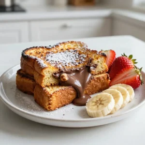 - 4 slices of thick bread (such as brioche or challah) - 1/2 cup Nutella - 2 large eggs - 1/2 cup milk - 1 teaspoon vanilla extract - 1 teaspoon ground cinnamon - 1 tablespoon butter - Powdered sugar for dusting - Fresh fruit (strawberries, bananas, or raspberries) for topping To make Nutella stuffed French toast, you need simple, tasty ingredients. Thick bread is key for this recipe. I like using brioche or challah. These breads have a soft, rich texture that holds up well. Nutella is the star here, giving us that creamy, chocolatey goodness. Eggs and milk come next. They form the base of your batter. Adding vanilla extract gives a lovely flavor. Ground cinnamon makes everything taste warm and cozy. Butter is essential for cooking, adding richness and flavor. Finally, powdered sugar helps dress up your French toast. Fresh fruit on top adds color and freshness. Strawberries, bananas, or raspberries work great. They balance the sweetness of Nutella. Using these ingredients, you&rsquo;ll create a dish that is both delightful and fun to eat. {{ingredient_image_1}} First, take two slices of thick bread, like brioche or challah. Spread a generous layer of Nutella on one side of each slice. Make sure to cover it well; this is where the magic happens. Then, top each slice with another slice to create two Nutella sandwiches. Press them gently to seal in the deliciousness. Next, grab a shallow bowl. In it, whisk together two large eggs and half a cup of milk. This will make the base for your batter. Add in one teaspoon of vanilla extract for flavor and one teaspoon of ground cinnamon for warmth. Mix it all until it&rsquo;s well combined. This batter will coat the bread and help it cook beautifully. Now, it's time to heat the pan. In a skillet, melt one tablespoon of butter over medium heat. Wait until it sizzles gently, which means it's ready. Carefully dip each Nutella sandwich into the egg mixture. Let it soak for a few seconds on each side. You want the bread to absorb some batter without becoming too soggy. Place the soaked sandwiches into the hot skillet. Cook for about 3 to 4 minutes on each side. Your goal is to achieve a golden brown color with a crispy texture. Once done, you can slice the French toast in half if you like. Dust with powdered sugar and enjoy! To make the best Nutella stuffed French toast, focus on soaking. Dip the sandwiches quickly into the egg mixture. Let them soak for a few seconds, but don't let them get too soggy. This keeps the bread from falling apart. When cooking, use medium heat. This helps the toast cook evenly. A hot pan can burn the bread. You want a nice golden brown color. Once your French toast is ready, dust it with powdered sugar. This adds a sweet touch and looks great. Fresh fruit makes the dish even better. Choose berries like strawberries or raspberries. Bananas also work well. They add sweetness and color. For an extra treat, drizzle some Nutella or chocolate sauce on top. This gives your dish a fun twist and makes it feel special. Enjoy your delicious creation! Pro Tips Choose the Right Bread: Use thick slices of brioche or challah for a rich, buttery flavor and a perfect texture that holds up well when soaked in the egg mixture. Control the Heat: Cooking on medium heat allows the French toast to cook evenly without burning the outside. Adjust the heat as needed for perfect golden-brown results. Customize the Filling: Experiment with different spreads such as peanut butter, almond butter, or even cream cheese combined with Nutella for a unique twist. Make it Ahead: Prepare the Nutella sandwiches ahead of time and store them in the fridge. When ready to serve, simply dip in the egg mixture and cook for a quick breakfast. {{image_2}} You can get creative with Nutella stuffed French toast. Try adding different spreads to kick it up a notch. Peanut butter and almond butter work great with Nutella. They add a nice twist to the flavor. You could also use flavored bread. Cinnamon raisin bread brings a lovely taste that pairs well with Nutella. The sweet and spicy notes make each bite delightful. If you need to follow a special diet, there are many options. For gluten-free lovers, you can use gluten-free bread. It works just as well in this recipe. You won't lose the yummy taste. For those who avoid dairy, there are easy swaps. Use almond milk or oat milk instead of regular milk. For butter, try coconut oil or a dairy-free spread. These changes keep the dish tasty while meeting your needs. To keep your leftover Nutella stuffed French toast fresh, store it in the fridge. Place the slices in an airtight container. They will stay good for about three days. If you want to save them for longer, freezing is a great option. Wrap each slice in plastic wrap, then place them in a freezer bag. They can last up to three months in the freezer without losing flavor. When you're ready to enjoy your leftovers, reheating them properly is key. The best way to reheat is in an oven. Preheat the oven to 350&deg;F (175&deg;C). Place the slices on a baking sheet and cover them with foil. Heat for about 10-15 minutes until warm. You can also use a skillet for reheating. Heat the skillet over medium heat and add a little butter. Place the French toast in the skillet for about 2-3 minutes on each side. This method gives it a nice crispiness. Enjoy your delicious meal again! Can I use regular bread instead of thick bread? Yes, you can use regular bread. However, thick bread holds more filling and flavors better. If you use regular bread, soak it less to avoid sogginess. Toasting the bread lightly first can also help. How do I know when the French toast is fully cooked? The French toast is done when it turns golden brown. You can check by gently lifting a slice with a spatula. If it looks crispy and firm, it&rsquo;s ready. You can also use a food thermometer. The center should reach 160&deg;F for safety. Can I prepare Nutella stuffed French toast ahead of time? You can prepare the sandwiches ahead. Spread Nutella and assemble them. Store in the fridge for up to one day. When ready to cook, dip in the batter and cook as usual. This makes breakfast quick and easy! To make Nutella stuffed French toast, start with thick bread and Nutella. Whisk eggs, milk, vanilla, and cinnamon to create the batter. Soak the sandwiches, then cook them until golden. Remember perfect soaking and cooking tips to avoid sogginess. You can serve with powdered sugar and fresh fruit for extra flair. There are many ways to enjoy this dish with different spreads or bread. Also, consider your dietary needs with gluten-free and dairy-free options. Now you can enjoy a tasty breakfast while impressing your friends and family. Happy cooking!