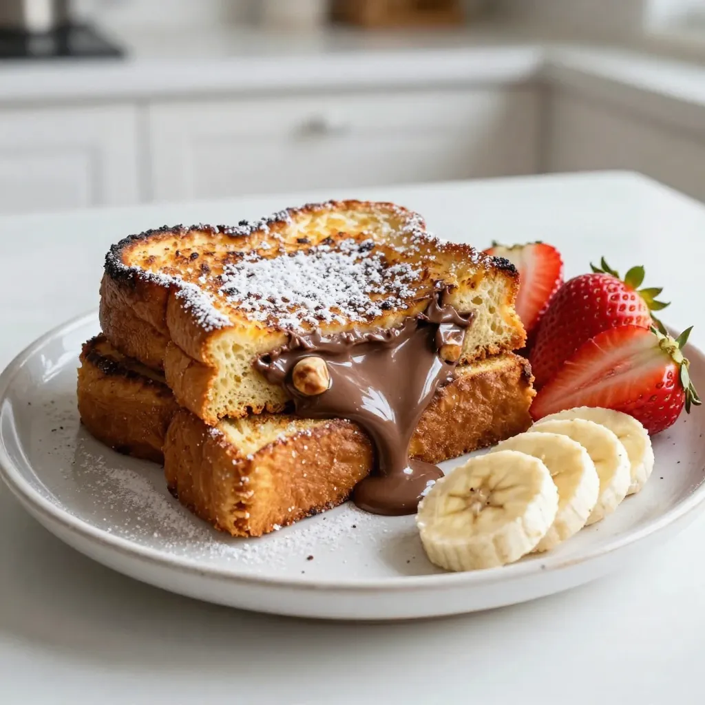 - 4 slices of thick bread (such as brioche or challah) - 1/2 cup Nutella - 2 large eggs - 1/2 cup milk - 1 teaspoon vanilla extract - 1 teaspoon ground cinnamon - 1 tablespoon butter - Powdered sugar for dusting - Fresh fruit (strawberries, bananas, or raspberries) for topping To make Nutella stuffed French toast, you need simple, tasty ingredients. Thick bread is key for this recipe. I like using brioche or challah. These breads have a soft, rich texture that holds up well. Nutella is the star here, giving us that creamy, chocolatey goodness. Eggs and milk come next. They form the base of your batter. Adding vanilla extract gives a lovely flavor. Ground cinnamon makes everything taste warm and cozy. Butter is essential for cooking, adding richness and flavor. Finally, powdered sugar helps dress up your French toast. Fresh fruit on top adds color and freshness. Strawberries, bananas, or raspberries work great. They balance the sweetness of Nutella. Using these ingredients, you’ll create a dish that is both delightful and fun to eat. {{ingredient_image_1}} First, take two slices of thick bread, like brioche or challah. Spread a generous layer of Nutella on one side of each slice. Make sure to cover it well; this is where the magic happens. Then, top each slice with another slice to create two Nutella sandwiches. Press them gently to seal in the deliciousness. Next, grab a shallow bowl. In it, whisk together two large eggs and half a cup of milk. This will make the base for your batter. Add in one teaspoon of vanilla extract for flavor and one teaspoon of ground cinnamon for warmth. Mix it all until it’s well combined. This batter will coat the bread and help it cook beautifully. Now, it's time to heat the pan. In a skillet, melt one tablespoon of butter over medium heat. Wait until it sizzles gently, which means it's ready. Carefully dip each Nutella sandwich into the egg mixture. Let it soak for a few seconds on each side. You want the bread to absorb some batter without becoming too soggy. Place the soaked sandwiches into the hot skillet. Cook for about 3 to 4 minutes on each side. Your goal is to achieve a golden brown color with a crispy texture. Once done, you can slice the French toast in half if you like. Dust with powdered sugar and enjoy! To make the best Nutella stuffed French toast, focus on soaking. Dip the sandwiches quickly into the egg mixture. Let them soak for a few seconds, but don't let them get too soggy. This keeps the bread from falling apart. When cooking, use medium heat. This helps the toast cook evenly. A hot pan can burn the bread. You want a nice golden brown color. Once your French toast is ready, dust it with powdered sugar. This adds a sweet touch and looks great. Fresh fruit makes the dish even better. Choose berries like strawberries or raspberries. Bananas also work well. They add sweetness and color. For an extra treat, drizzle some Nutella or chocolate sauce on top. This gives your dish a fun twist and makes it feel special. Enjoy your delicious creation! Pro Tips Choose the Right Bread: Use thick slices of brioche or challah for a rich, buttery flavor and a perfect texture that holds up well when soaked in the egg mixture. Control the Heat: Cooking on medium heat allows the French toast to cook evenly without burning the outside. Adjust the heat as needed for perfect golden-brown results. Customize the Filling: Experiment with different spreads such as peanut butter, almond butter, or even cream cheese combined with Nutella for a unique twist. Make it Ahead: Prepare the Nutella sandwiches ahead of time and store them in the fridge. When ready to serve, simply dip in the egg mixture and cook for a quick breakfast. {{image_2}} You can get creative with Nutella stuffed French toast. Try adding different spreads to kick it up a notch. Peanut butter and almond butter work great with Nutella. They add a nice twist to the flavor. You could also use flavored bread. Cinnamon raisin bread brings a lovely taste that pairs well with Nutella. The sweet and spicy notes make each bite delightful. If you need to follow a special diet, there are many options. For gluten-free lovers, you can use gluten-free bread. It works just as well in this recipe. You won't lose the yummy taste. For those who avoid dairy, there are easy swaps. Use almond milk or oat milk instead of regular milk. For butter, try coconut oil or a dairy-free spread. These changes keep the dish tasty while meeting your needs. To keep your leftover Nutella stuffed French toast fresh, store it in the fridge. Place the slices in an airtight container. They will stay good for about three days. If you want to save them for longer, freezing is a great option. Wrap each slice in plastic wrap, then place them in a freezer bag. They can last up to three months in the freezer without losing flavor. When you're ready to enjoy your leftovers, reheating them properly is key. The best way to reheat is in an oven. Preheat the oven to 350°F (175°C). Place the slices on a baking sheet and cover them with foil. Heat for about 10-15 minutes until warm. You can also use a skillet for reheating. Heat the skillet over medium heat and add a little butter. Place the French toast in the skillet for about 2-3 minutes on each side. This method gives it a nice crispiness. Enjoy your delicious meal again! Can I use regular bread instead of thick bread? Yes, you can use regular bread. However, thick bread holds more filling and flavors better. If you use regular bread, soak it less to avoid sogginess. Toasting the bread lightly first can also help. How do I know when the French toast is fully cooked? The French toast is done when it turns golden brown. You can check by gently lifting a slice with a spatula. If it looks crispy and firm, it’s ready. You can also use a food thermometer. The center should reach 160°F for safety. Can I prepare Nutella stuffed French toast ahead of time? You can prepare the sandwiches ahead. Spread Nutella and assemble them. Store in the fridge for up to one day. When ready to cook, dip in the batter and cook as usual. This makes breakfast quick and easy! To make Nutella stuffed French toast, start with thick bread and Nutella. Whisk eggs, milk, vanilla, and cinnamon to create the batter. Soak the sandwiches, then cook them until golden. Remember perfect soaking and cooking tips to avoid sogginess. You can serve with powdered sugar and fresh fruit for extra flair. There are many ways to enjoy this dish with different spreads or bread. Also, consider your dietary needs with gluten-free and dairy-free options. Now you can enjoy a tasty breakfast while impressing your friends and family. Happy cooking!