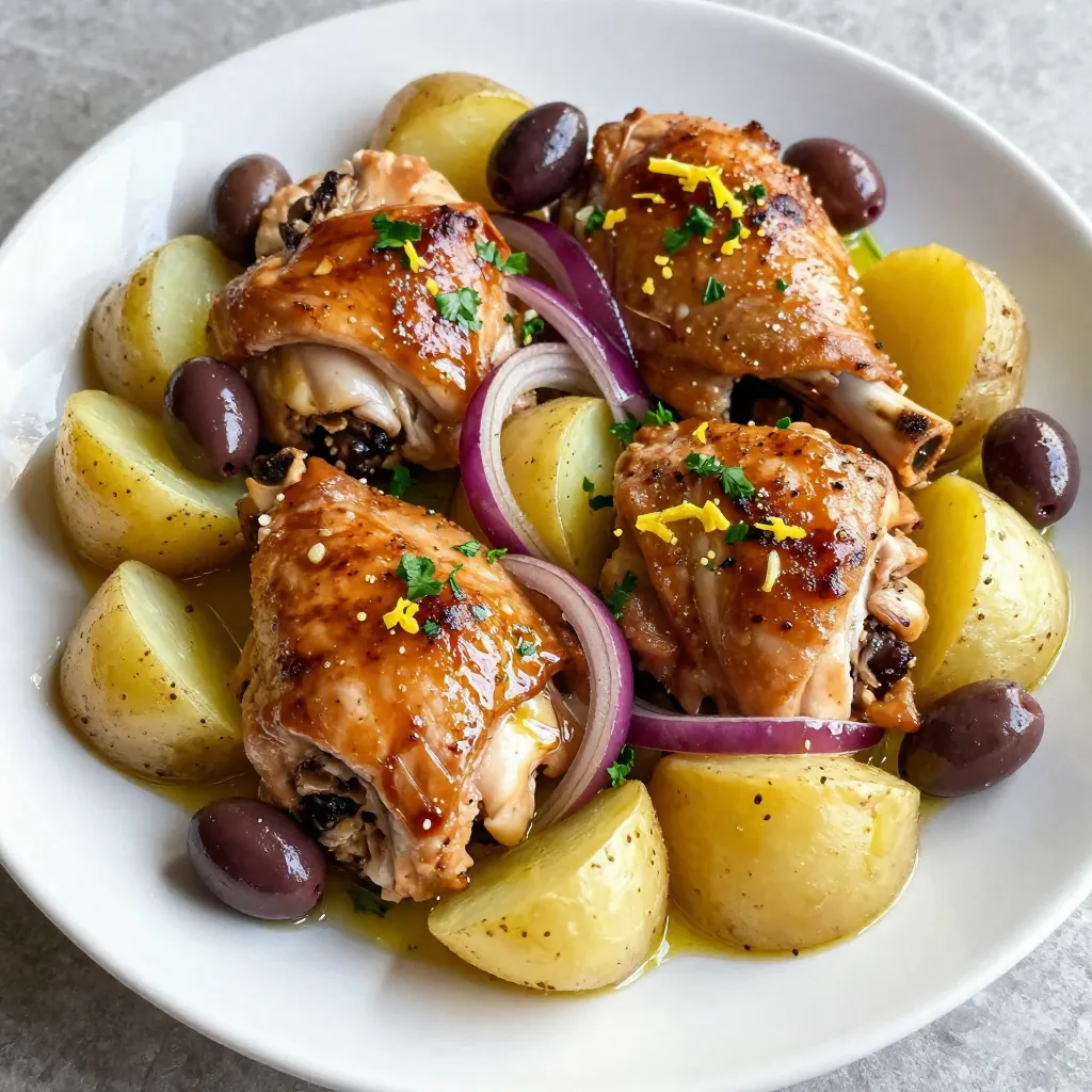 - 4 boneless, skinless chicken thighs - 4 medium Yukon Gold potatoes, quartered - 1 red onion, sliced - 4 cloves garlic, minced - 1 lemon, juiced and zested - 2 teaspoons dried oregano - 1 teaspoon dried thyme - 1/2 teaspoon paprika - Salt and pepper, to taste - 3 tablespoons olive oil - 1/2 cup Kalamata olives, pitted - Fresh parsley, chopped (for garnish) In this recipe, each ingredient plays a key role. The chicken thighs offer a juicy base. Yukon Gold potatoes add creaminess and texture. Red onion brings sweetness, while garlic delivers a robust flavor. For seasoning, lemon juice and zest brighten the dish. The dried oregano and thyme add depth. Paprika gives a slight smoky note, while salt and pepper enhance all the flavors. I use olive oil to help crisp the potatoes and chicken. Kalamata olives give a briny touch that complements the dish. Finally, fresh parsley adds color and freshness before serving. Each ingredient works together to create a vibrant and tasty meal. Enjoy the process of combining these elements, knowing they will come together beautifully in the oven. {{ingredient_image_1}} - Preheat your oven to 425°F (220°C). This high heat helps cook everything well. - Grab a large mixing bowl. Cut the Yukon Gold potatoes into quarters. Slice the red onion. Mince the garlic. - In the bowl, mix the potatoes, onion, garlic, lemon juice, lemon zest, oregano, thyme, paprika, salt, and pepper. Drizzle in 2 tablespoons of olive oil. Toss everything together to coat the potatoes evenly. - Get a large oven-safe skillet or baking dish. Spread the seasoned potatoes in a single layer. - Next, season the chicken thighs with salt, pepper, and the remaining olive oil. Place the chicken on top of the potatoes. - Scatter the Kalamata olives around the chicken and potatoes for added flavor. - Place the dish in your preheated oven. Bake for 30-35 minutes. - Use a meat thermometer to check if the chicken reaches 165°F (75°C). The potatoes should also be fork-tender. - Once done, take it out of the oven. Let it rest for about 5 minutes before serving. To keep the chicken juicy, use bone-in thighs. If you only have boneless ones, do not overcook. Bake until the chicken hits 165°F. Let it rest before serving to seal in juices. For the potatoes, cut them into even quarters. This helps them cook well. Toss them with oil and seasoning. Bake until golden brown and fork-tender. This ensures they are crispy on the outside. If chicken thighs are not available, use bone-in breasts. They work well, but may dry out faster. For a lighter option, try turkey thighs or firm tofu. For the potatoes, you can swap in sweet potatoes or carrots. These add different flavors and nutrients. If you want a low-carb option, cauliflower florets also work great. Fresh herbs make a big difference. Try using dill or mint for a fresh taste. These herbs pair well with the Greek flavors. When serving, sprinkle chopped parsley on top. This adds a nice pop of color. You can also serve with lemon wedges for extra zest. Pro Tips Marinate for Extra Flavor: Allow the chicken to marinate in the lemon juice, oregano, and spices for at least 30 minutes before cooking. This enhances the flavor and tenderness of the chicken. Use Fresh Herbs: Fresh oregano and thyme can elevate the dish by adding vibrant flavor. If you have them on hand, consider substituting dried herbs with fresh ones. Potato Variety Matters: While Yukon Golds are great, feel free to mix in other varieties like red potatoes or fingerlings for a different texture and taste. Rest Before Serving: Let the dish rest for about 5 minutes after baking. This allows the juices to redistribute in the chicken, making it juicier when served. {{image_2}} You can easily change this dish to a Mediterranean style. Start by adding feta cheese. Feta adds a creamy, salty flavor that pairs well with the chicken and potatoes. Crumble some feta on top in the last few minutes of baking. This will let it soften without melting away. Next, incorporate bell peppers. Slice some bell peppers and toss them in with the potatoes. They add color and a sweet crunch. Choose red, yellow, or green peppers based on your taste. They cook well and enhance the dish's flavor. If you want a vegetarian version, swap chicken for chickpeas. Use one can of rinsed chickpeas for extra protein. Mix them with the same seasonings as the chicken. This keeps the dish flavorful and hearty. You can also use seasonal vegetables. Try zucchini, asparagus, or carrots. Cut them into bite-sized pieces and add them to the mix. This makes the meal colorful and fresh. You can enjoy this dish even if you skip the meat. You can adapt this recipe for a slow cooker. Start by browning the chicken in a skillet. This step enhances the flavor. Then, place all the ingredients in the slow cooker. Set it on low for 6-8 hours or high for 3-4 hours. The chicken will be tender, and the potatoes will soak up all the flavors. Adjust times and temperatures based on your slow cooker. Check on it occasionally to ensure everything cooks well. This method is great for busy days when you want a warm meal ready when you get home. To keep your One-Pan Greek Chicken and Potatoes fresh, store leftovers in an airtight container. This helps lock in flavor and moisture. Place the container in the fridge as soon as possible. It’s best to let it cool to room temperature first. Leftovers will last up to three days in the fridge. If you want to store the dish longer, freezing is a great option. Allow the chicken and potatoes to cool completely. Then, use a freezer-safe container or bag. Squeeze out as much air as you can. This helps prevent freezer burn. The dish can stay frozen for up to three months. To reheat, the oven works best. Preheat your oven to 350°F (175°C). Place the chicken and potatoes in an oven-safe dish. Cover it with foil to keep it moist. Heat for about 20-25 minutes, or until hot. If you prefer the microwave, place a portion in a microwave-safe bowl. Cover it with a damp paper towel. Heat in short bursts, stirring in between, until hot. Yes, you can use chicken breasts. However, they cook faster and can dry out. Chicken thighs stay moist and tender. Adjust the cooking time to around 25-30 minutes for breasts. Make sure they still reach 165°F (75°C). Leftovers will last about 3-4 days in the fridge. Store them in an airtight container. For best flavor, reheat gently. You can also freeze leftovers for up to 3 months. This meal pairs well with several sides. Consider serving: - Greek salad - Tzatziki sauce - Steamed green beans - Quinoa or rice These options add freshness and balance to the rich flavors of the chicken and potatoes. This post covered a tasty chicken and potato dish. We looked at the key ingredients, from chicken thighs to Yukon Gold potatoes. I shared step-by-step guidance to help you create it perfectly. Plus, I offered tips for juicier chicken and delicious variations. You can enjoy this meal in many ways, whether baked or slow-cooked. And don’t forget about storage tips to keep leftovers fresh. With all these ideas, I hope you feel ready to make and enjoy this dish!