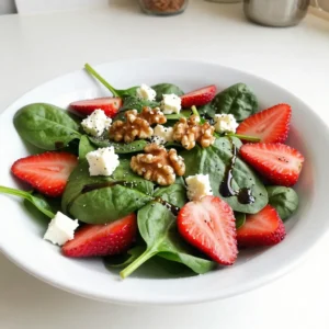 Fresh spinach is the star of this salad. It adds a lovely green color and a soft texture. Aim for four cups of washed and chopped spinach. This leafy green is packed with vitamins and minerals, making it a healthy choice. Strawberries bring sweetness and a pop of color. Use two cups of hulled and sliced strawberries. These berries are juicy and vibrant, perfect for spring. They also add a nice contrast to the spinach. Feta cheese gives a tangy flavor. You will need half a cup of crumbled feta cheese. Its creaminess balances the crunchy ingredients. Feta also adds a nice salty touch to the salad. Walnuts add crunch and healthy fats. Toast half a cup of walnuts and chop them roughly. Their nutty flavor pairs well with the sweet strawberries. Plus, they add a satisfying texture to the dish. Red onion adds a sharp taste and a bit of crunch. Use a quarter cup of thinly sliced red onion. This ingredient can brighten the flavor of the salad. It also adds a nice visual contrast. Poppy seeds add a unique crunch and visual appeal. You will need a quarter cup of poppy seeds. They give the salad a fun texture. Plus, they add a little nutty flavor to the mix. Balsamic vinaigrette ties the salad together. Use a third of a cup of this dressing. It adds sweetness and tang. You can whisk it with the poppy seeds for added flavor. Season your salad with salt and pepper to taste. This simple step enhances all the flavors. Feel free to adjust the seasoning based on your preference. A little goes a long way in making the salad shine. {{ingredient_image_1}} Start by washing the fresh spinach. Use cold water to clean it well. After washing, chop the spinach into smaller pieces. This helps make the salad easier to eat. Place the spinach in a large salad bowl. Toss it gently to break it up a bit. Next, take the strawberries. Hull and slice them into thin pieces. Add the sliced strawberries to the bowl with the spinach. Spread them out evenly so every bite has some sweetness. Now, grab the feta cheese. Crumble it into small pieces. Sprinkle the crumbled feta over the spinach and strawberries. This cheese adds a nice salty flavor that balances the sweetness of the strawberries. Take the toasted walnuts and roughly chop them. Add them to the salad. Then, thinly slice the red onion and add that as well. The walnuts give a crunch, and the onion adds a bit of bite. For the dressing, use a small bowl. Whisk together the balsamic vinaigrette and poppy seeds. Mix until they are well combined. This dressing will add a tangy flavor and a nice crunch from the seeds. Drizzle the dressing over the salad mixture. Toss gently to combine all the ingredients. Make sure the dressing coats everything evenly. This step is key to a tasty salad. Finally, season with salt and pepper to taste. You can adjust the amount based on your preference. If you want more fruit or nuts, feel free to add them. Each bite should be flavorful and enjoyable. When you make the Strawberry Spinach Poppy Salad, pick the freshest ingredients. Look for bright green spinach with no wilting. Choose strawberries that are firm and bright red. They should smell sweet. For feta cheese, select a block instead of crumbled. This gives a better taste and texture. Walnuts should be toasted for a crunchy bite. Check for freshness by smelling them. Lastly, use a high-quality balsamic vinaigrette for the best flavor. You can add your twist to this salad. If you prefer a different cheese, try goat cheese or blue cheese. Want more crunch? Add sliced apples or carrots. You can also toss in some protein like grilled chicken or chickpeas. For a vegan option, skip the cheese and add more nuts. The key is to balance flavors and textures that you enjoy. First, serve your salad in nice bowls or plates. Layer the spinach at the bottom for a vibrant green base. Arrange the strawberries on top to show their color. Sprinkle feta and walnuts evenly across the salad. For extra flair, add a few whole strawberries and a sprinkle of poppy seeds on top. A lemon wedge on the side adds a fresh touch and bright color. To save time, wash and chop the spinach and strawberries a day before. Keep them in separate containers in the fridge. You can also prepare the dressing ahead of time. Mix the vinaigrette and poppy seeds and store it in a jar. Just remember to toss everything together right before serving. This keeps the salad crisp and fresh. Pro Tips Use Fresh Ingredients: The quality of your spinach and strawberries will greatly affect the overall taste of the salad. Choose fresh, ripe strawberries and vibrant spinach for the best flavor. Toast Your Walnuts: Toasting walnuts enhances their flavor and adds a delightful crunch. Simply place them in a dry skillet over medium heat for a few minutes until fragrant, stirring frequently. Make It Ahead: You can prepare the salad ingredients in advance, but wait to add the dressing until just before serving to keep the salad crisp and fresh. Experiment with Dressings: While balsamic vinaigrette pairs wonderfully with this salad, feel free to try other dressings like a honey mustard or citrus vinaigrette for a different flavor profile. {{image_2}} If you don't like feta cheese, there are tasty swaps. Try goat cheese for a creamy texture. You can also use ricotta for a lighter option. If you're dairy-free, try almond or cashew cheese. These choices still add flavor and creaminess. To make your salad heartier, add protein. Grilled chicken breast works well. You can also use shrimp or salmon for a seafood twist. For a vegetarian option, consider chickpeas or black beans. These proteins fit well with the fresh flavors of the salad. You can adjust the salad based on the season. In summer, add peaches or blueberries. In fall, roasted pumpkin seeds or apples can add a nice crunch. Winter brings great options like pomegranate seeds or citrus slices. This keeps the salad fresh and fun all year round. To store leftover Strawberry Spinach Poppy Salad, place it in an airtight container. Keep it in the fridge. This salad is best eaten within two days. The strawberries may get mushy if stored too long. To keep your salad fresh, add the dressing just before serving. This prevents the spinach from wilting. You can store the salad ingredients separately. When you're ready to eat, mix them together. This keeps everything crisp and tasty. You do not need to reheat this salad. It tastes best cold. If you prefer a warm salad, you can quickly saut&eacute; spinach. Just do this for a minute or two. Then, add your toppings while the spinach is warm. You can use many dressings instead of balsamic vinaigrette. Try a simple lemon juice or olive oil mix. You could also use honey mustard or ranch dressing. Each adds a unique flavor twist to the salad. Yes, you can prepare this salad ahead of time. I suggest mixing the spinach, strawberries, and nuts. Keep the dressing separate until serving. This keeps the salad fresh and crunchy. Absolutely! This salad is great for meal prep. Just divide it into containers. Add the dressing just before eating. This way, it stays fresh all week. Store the salad in an airtight container. Keep it in the fridge. Adding a paper towel inside helps absorb moisture. This keeps the greens from getting soggy. You can add many fruits to this salad. Blueberries, raspberries, or sliced kiwi work well. Peaches or apples also add a sweet crunch. Mix and match based on what you like or what&rsquo;s in season. This blog post covered a delicious spinach salad with fresh ingredients. We explored each component, from strawberries to feta cheese and walnuts. You learned how to prepare and toss the salad, plus tips for customization and storage. Remember, this salad is fun to make and easy to adapt. Enjoy experimenting with flavors and presentation. With the right ingredients, you can create a tasty dish every time. Now get started and make your own version of this vibrant salad!