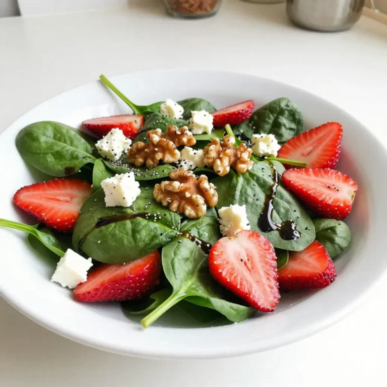 Fresh spinach is the star of this salad. It adds a lovely green color and a soft texture. Aim for four cups of washed and chopped spinach. This leafy green is packed with vitamins and minerals, making it a healthy choice. Strawberries bring sweetness and a pop of color. Use two cups of hulled and sliced strawberries. These berries are juicy and vibrant, perfect for spring. They also add a nice contrast to the spinach. Feta cheese gives a tangy flavor. You will need half a cup of crumbled feta cheese. Its creaminess balances the crunchy ingredients. Feta also adds a nice salty touch to the salad. Walnuts add crunch and healthy fats. Toast half a cup of walnuts and chop them roughly. Their nutty flavor pairs well with the sweet strawberries. Plus, they add a satisfying texture to the dish. Red onion adds a sharp taste and a bit of crunch. Use a quarter cup of thinly sliced red onion. This ingredient can brighten the flavor of the salad. It also adds a nice visual contrast. Poppy seeds add a unique crunch and visual appeal. You will need a quarter cup of poppy seeds. They give the salad a fun texture. Plus, they add a little nutty flavor to the mix. Balsamic vinaigrette ties the salad together. Use a third of a cup of this dressing. It adds sweetness and tang. You can whisk it with the poppy seeds for added flavor. Season your salad with salt and pepper to taste. This simple step enhances all the flavors. Feel free to adjust the seasoning based on your preference. A little goes a long way in making the salad shine. {{ingredient_image_1}} Start by washing the fresh spinach. Use cold water to clean it well. After washing, chop the spinach into smaller pieces. This helps make the salad easier to eat. Place the spinach in a large salad bowl. Toss it gently to break it up a bit. Next, take the strawberries. Hull and slice them into thin pieces. Add the sliced strawberries to the bowl with the spinach. Spread them out evenly so every bite has some sweetness. Now, grab the feta cheese. Crumble it into small pieces. Sprinkle the crumbled feta over the spinach and strawberries. This cheese adds a nice salty flavor that balances the sweetness of the strawberries. Take the toasted walnuts and roughly chop them. Add them to the salad. Then, thinly slice the red onion and add that as well. The walnuts give a crunch, and the onion adds a bit of bite. For the dressing, use a small bowl. Whisk together the balsamic vinaigrette and poppy seeds. Mix until they are well combined. This dressing will add a tangy flavor and a nice crunch from the seeds. Drizzle the dressing over the salad mixture. Toss gently to combine all the ingredients. Make sure the dressing coats everything evenly. This step is key to a tasty salad. Finally, season with salt and pepper to taste. You can adjust the amount based on your preference. If you want more fruit or nuts, feel free to add them. Each bite should be flavorful and enjoyable. When you make the Strawberry Spinach Poppy Salad, pick the freshest ingredients. Look for bright green spinach with no wilting. Choose strawberries that are firm and bright red. They should smell sweet. For feta cheese, select a block instead of crumbled. This gives a better taste and texture. Walnuts should be toasted for a crunchy bite. Check for freshness by smelling them. Lastly, use a high-quality balsamic vinaigrette for the best flavor. You can add your twist to this salad. If you prefer a different cheese, try goat cheese or blue cheese. Want more crunch? Add sliced apples or carrots. You can also toss in some protein like grilled chicken or chickpeas. For a vegan option, skip the cheese and add more nuts. The key is to balance flavors and textures that you enjoy. First, serve your salad in nice bowls or plates. Layer the spinach at the bottom for a vibrant green base. Arrange the strawberries on top to show their color. Sprinkle feta and walnuts evenly across the salad. For extra flair, add a few whole strawberries and a sprinkle of poppy seeds on top. A lemon wedge on the side adds a fresh touch and bright color. To save time, wash and chop the spinach and strawberries a day before. Keep them in separate containers in the fridge. You can also prepare the dressing ahead of time. Mix the vinaigrette and poppy seeds and store it in a jar. Just remember to toss everything together right before serving. This keeps the salad crisp and fresh. Pro Tips Use Fresh Ingredients: The quality of your spinach and strawberries will greatly affect the overall taste of the salad. Choose fresh, ripe strawberries and vibrant spinach for the best flavor. Toast Your Walnuts: Toasting walnuts enhances their flavor and adds a delightful crunch. Simply place them in a dry skillet over medium heat for a few minutes until fragrant, stirring frequently. Make It Ahead: You can prepare the salad ingredients in advance, but wait to add the dressing until just before serving to keep the salad crisp and fresh. Experiment with Dressings: While balsamic vinaigrette pairs wonderfully with this salad, feel free to try other dressings like a honey mustard or citrus vinaigrette for a different flavor profile. {{image_2}} If you don't like feta cheese, there are tasty swaps. Try goat cheese for a creamy texture. You can also use ricotta for a lighter option. If you're dairy-free, try almond or cashew cheese. These choices still add flavor and creaminess. To make your salad heartier, add protein. Grilled chicken breast works well. You can also use shrimp or salmon for a seafood twist. For a vegetarian option, consider chickpeas or black beans. These proteins fit well with the fresh flavors of the salad. You can adjust the salad based on the season. In summer, add peaches or blueberries. In fall, roasted pumpkin seeds or apples can add a nice crunch. Winter brings great options like pomegranate seeds or citrus slices. This keeps the salad fresh and fun all year round. To store leftover Strawberry Spinach Poppy Salad, place it in an airtight container. Keep it in the fridge. This salad is best eaten within two days. The strawberries may get mushy if stored too long. To keep your salad fresh, add the dressing just before serving. This prevents the spinach from wilting. You can store the salad ingredients separately. When you're ready to eat, mix them together. This keeps everything crisp and tasty. You do not need to reheat this salad. It tastes best cold. If you prefer a warm salad, you can quickly sauté spinach. Just do this for a minute or two. Then, add your toppings while the spinach is warm. You can use many dressings instead of balsamic vinaigrette. Try a simple lemon juice or olive oil mix. You could also use honey mustard or ranch dressing. Each adds a unique flavor twist to the salad. Yes, you can prepare this salad ahead of time. I suggest mixing the spinach, strawberries, and nuts. Keep the dressing separate until serving. This keeps the salad fresh and crunchy. Absolutely! This salad is great for meal prep. Just divide it into containers. Add the dressing just before eating. This way, it stays fresh all week. Store the salad in an airtight container. Keep it in the fridge. Adding a paper towel inside helps absorb moisture. This keeps the greens from getting soggy. You can add many fruits to this salad. Blueberries, raspberries, or sliced kiwi work well. Peaches or apples also add a sweet crunch. Mix and match based on what you like or what’s in season. This blog post covered a delicious spinach salad with fresh ingredients. We explored each component, from strawberries to feta cheese and walnuts. You learned how to prepare and toss the salad, plus tips for customization and storage. Remember, this salad is fun to make and easy to adapt. Enjoy experimenting with flavors and presentation. With the right ingredients, you can create a tasty dish every time. Now get started and make your own version of this vibrant salad!