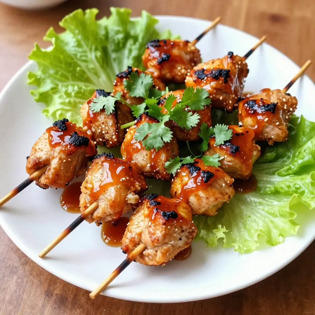 To make Honey Sriracha Chicken Skewers, gather these main ingredients: - 1 lb boneless chicken breast, cut into 1-inch cubes - 1/2 cup honey - 1/4 cup Sriracha sauce - 2 tablespoons soy sauce - 2 tablespoons rice vinegar - 2 cloves garlic, minced - 1 teaspoon ginger, grated - 1 tablespoon sesame oil - Salt and pepper to taste - Skewers (if using wooden skewers, soak them in water for 30 minutes) The marinade is key to great flavor. It combines sweet, spicy, and savory notes. Here’s what you use: - Honey adds sweetness and helps caramelize the chicken. - Sriracha gives a spicy kick. Adjust this to your taste. - Soy sauce offers umami, enhancing the chicken’s flavor. - Rice vinegar brings a tangy balance. - Minced garlic and grated ginger add depth and warmth. - Sesame oil provides a nutty flavor. - Salt and pepper round out the seasoning. Garnishes make your skewers look appealing and add fresh taste. Here are some ideas: - Fresh cilantro, chopped, adds color and a fresh touch. - Lime wedges provide a zesty squeeze that brightens the dish. - Serve the skewers on lettuce leaves for a crisp base. - Pair with rice or salad for a hearty meal. These additions make your Honey Sriracha Chicken Skewers not just tasty but also inviting! {{ingredient_image_1}} To start, grab a medium bowl. In this bowl, mix together the following: - 1/2 cup honey - 1/4 cup Sriracha sauce - 2 tablespoons soy sauce - 2 tablespoons rice vinegar - 2 cloves garlic, minced - 1 teaspoon ginger, grated - 1 tablespoon sesame oil - Salt and pepper to taste Whisk these ingredients well. This marinade will bring a sweet and spicy kick to your chicken. Now, take 1 pound of boneless chicken breast and cut it into 1-inch cubes. Place the chicken in a large resealable plastic bag or a shallow dish. Pour the marinade over the chicken. Make sure all pieces are coated. Seal the bag or cover the dish. Refrigerate for at least 1 hour. For best results, marinate overnight. This allows the flavors to soak in deeply. When ready to grill, preheat your grill to medium-high heat. While waiting, thread the marinated chicken pieces onto skewers. Leave a little space between each piece for even cooking. Once the grill is hot, place the skewers on it. Cook for about 4 to 5 minutes on each side. Look for nice grill marks and ensure the chicken is cooked through. After grilling, remove the skewers and let them rest for a few minutes. To finish, drizzle any leftover marinade over the skewers. Garnish with fresh chopped cilantro. Enjoy your delicious Honey Sriracha Chicken Skewers! To make the best Honey Sriracha Chicken Skewers, focus on the marinade. Use fresh ingredients like garlic and ginger for a bright taste. Honey gives sweetness, while Sriracha adds heat. Adjust the Sriracha to match your taste. More Sriracha means spicier skewers. Let the chicken soak in the marinade for at least one hour. For even better flavor, marinate overnight. This makes the chicken juicy and full of flavor. Grilling the chicken properly is key. Preheat your grill to medium-high heat. This helps get nice grill marks. When threading the chicken on skewers, leave space between each piece. This allows heat to circulate, cooking evenly. Cook the skewers for about 4-5 minutes on each side. Look for clear juices and a firm texture. Use a meat thermometer for best results. The chicken should reach 165°F (75°C) to ensure it’s safe to eat. Resting the skewers is important. Let them sit for a few minutes after grilling. This helps the juices settle, making the chicken even juicier. For serving, drizzle any leftover marinade over the skewers. This boosts flavor and adds a nice glaze. Garnish with fresh cilantro for color and taste. Serve on a large platter with lettuce leaves. Lime wedges add a zesty touch, perfect for squeezing over your skewers. Enjoy this flavorful dish with family and friends. Pro Tips Marinate Longer for Flavor: For the best flavor, marinate the chicken overnight. This allows the flavors to penetrate the meat, making it more delicious. Skewer Safety: If using wooden skewers, always soak them in water for at least 30 minutes before grilling. This prevents them from burning on the grill. Check Chicken Doneness: Use a meat thermometer to ensure the chicken is cooked through; the internal temperature should reach 165°F (75°C). Garnish for Freshness: Fresh cilantro adds a burst of color and flavor. Consider adding other garnishes like sliced green onions or sesame seeds for extra flair. {{image_2}} You can switch out chicken for other meats. Try shrimp for a quick cook. Beef adds a nice, rich flavor. Pork works well too and pairs nicely with the honey. If you prefer plant-based options, use firm tofu or tempeh. Both soak up flavors well and grill nicely. Mixing the marinade can give your skewers a new twist. Add lime juice for a tangy kick. If you want more heat, use chili paste or extra Sriracha. Consider adding herbs like basil or parsley for freshness. You can also swap honey for maple syrup for a unique flavor. Adding vegetables makes your skewers colorful and healthy. Bell peppers, zucchini, and red onion work great. Cherry tomatoes add sweetness and juiciness. You can also include mushrooms for a meaty texture. Just be sure to cut veggies into similar sizes for even cooking. To store leftover Honey Sriracha chicken skewers, first let them cool down. Place the skewers in an airtight container. You can keep them in the fridge for up to three days. Wrapping them in plastic wrap before placing them in the container helps keep them fresh. When you want to eat the leftovers, reheating is simple. You can use a microwave or an oven. For the microwave, heat on medium for about 1-2 minutes. For the oven, preheat it to 350°F (175°C) and heat the skewers for about 10 minutes. Make sure they are hot all the way through before serving. If you want to freeze the skewers, place them in a freezer-safe bag after they cool. They can last up to three months in the freezer. When you're ready to eat, take them out and thaw in the fridge overnight. You can also reheat them directly from frozen, but it will take longer. You should marinate the chicken for at least 1 hour. For best results, let it sit overnight. This gives the chicken time to soak up all the tasty flavors. A good marinade makes the meat juicy and full of flavor. Yes, you can! Preheat your oven to 400°F (200°C). Place the skewers on a baking sheet. Bake for about 15 to 20 minutes. Flip them halfway through for even cooking. The oven gives you a nice, cooked texture if you can't grill outside. These skewers taste great with many sides. Here are some ideas: - Steamed rice - Grilled vegetables - Fresh salad - Garlic bread - Corn on the cob These sides will balance the sweet and spicy flavors of the chicken. To make it milder, use less Sriracha sauce. You can also add more honey for sweetness. If you want more heat, add more Sriracha or some red pepper flakes. Taste as you go to find the perfect balance for you. Honey Sriracha chicken skewers are tasty and easy to make at home. We covered key ingredients, a step-by-step guide, helpful tips for cooking, and fun variations. Always marinate for the best flavor and try different proteins or veggies. Storing leftovers is simple, and reheating is easy. This dish will impress friends and family. Enjoy grilling and experimenting with flavors!