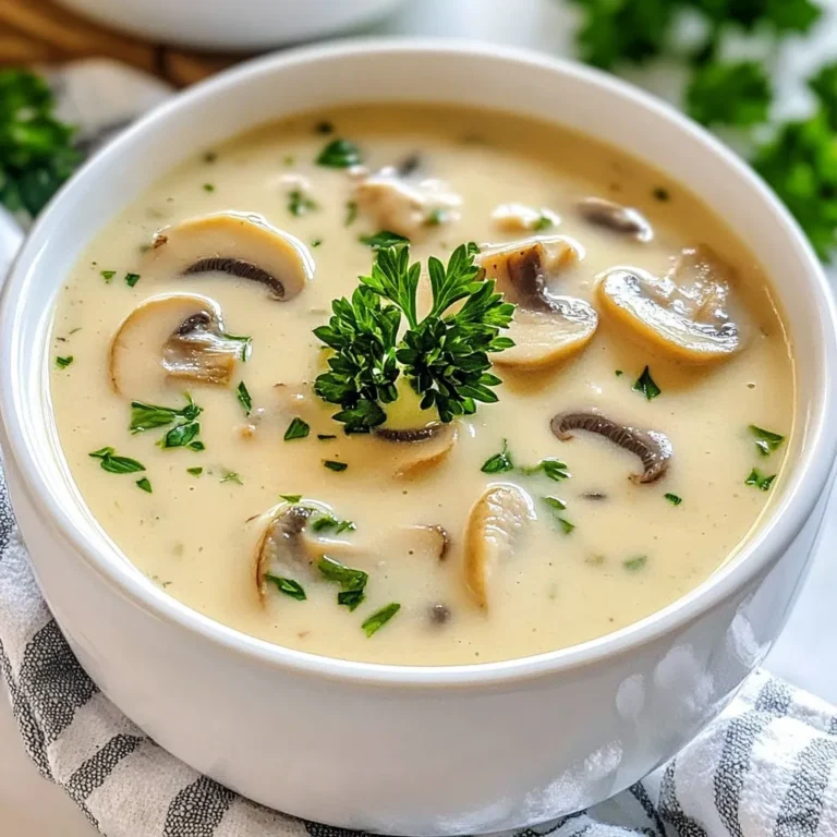 - 500g fresh mushrooms (button, cremini, or a mix), sliced - 1 medium onion, finely chopped - 2 cloves garlic, minced - 3 tablespoons unsalted butter - 2 tablespoons all-purpose flour - 4 cups vegetable broth - 1 cup heavy cream or coconut cream - 1 teaspoon dried thyme - Salt and pepper to taste - Fresh parsley, chopped (for garnish) You can add more flavor and looks to your soup with simple garnishes. Here are a few ideas: - A drizzle of truffle oil for a fancy touch. - A sprinkle of grated Parmesan cheese for saltiness. - Croutons for added crunch. Not every ingredient may be handy. You can swap some items easily: - Use chicken broth instead of vegetable broth for more flavor. - Swap unsalted butter for olive oil to make it dairy-free. - Coconut cream works as a great dairy-free option for cream. These swaps help you make the soup fit your taste and needs. Enjoy the cooking! {{ingredient_image_1}} Making cream of mushroom soup is fun and easy. First, gather all your ingredients. You will need fresh mushrooms, onion, garlic, butter, flour, vegetable broth, cream, thyme, salt, and pepper. This recipe takes about 40 minutes from start to finish. 1. Start by melting the butter in a large pot over medium heat. 2. Add the chopped onions and cook for about 5 minutes. They should look translucent. 3. Next, add the minced garlic and cook for 1 more minute until it smells great. 4. Now, add the sliced mushrooms to the pot. Stir frequently and cook for 10 minutes. Let them soften and release their juices. 5. Sprinkle the flour over the mushrooms. Stir well for 2 minutes to get rid of the raw taste. 6. Gradually add the vegetable broth. Keep stirring to avoid lumps. Bring this mixture to a simmer. 7. Once it simmers, add the thyme, salt, and pepper. Let it cook for 15 minutes. This helps all the flavors mix well. 8. Use an immersion blender to puree the soup until it is smooth. If you don’t have one, you can use a regular blender. Just blend in batches and return it to the pot. 9. Lower the heat and stir in the heavy cream or coconut cream. Heat gently and taste for seasoning. 10. Finally, serve the soup warm and garnish it with fresh parsley. Using an immersion blender is a great way to blend soup. It is easy and saves time. Here are a few tips: - Make sure the soup is not too hot to avoid splashes. - Move the blender around to get a smooth texture. - Blend until you reach your desired creaminess. Enjoy your creamy dream of mushroom soup! To make your cream of mushroom soup shine, use fresh herbs. Thyme adds a warm touch. You can also try rosemary or sage for a different flavor. Fresh parsley gives a nice pop of color and taste when you serve. A sprinkle of nutmeg can deepen the flavor too. Just a pinch will do! One common mistake is cooking the mushrooms too fast. Let them cook until they are soft and their juices flow. This step adds rich flavor to the soup. Another mistake is skipping the flour step. This helps thicken the soup and gives it a nice texture. Always stir well to avoid lumps when adding broth. Lastly, don’t rush the simmering time. Letting it simmer helps the flavors blend perfectly. For a super creamy soup, use heavy cream or coconut cream. Adding them at the end gives a velvety texture. If you prefer a lighter option, try half-and-half instead. Blend the soup well to get that smooth consistency. If it feels too thick, add a bit more broth until it’s just right. Adjust the cream to your taste for the perfect balance! Pro Tips Choose Fresh Mushrooms: Always opt for fresh mushrooms for the best flavor and texture. Avoid any with blemishes or slimy spots. Blend for Creaminess: For an ultra-smooth texture, make sure to blend the soup thoroughly. An immersion blender is perfect for this task. Season Gradually: Taste and adjust seasoning throughout the cooking process. This way, you ensure the flavors develop fully. Garnish Wisely: Fresh herbs like parsley or chives not only enhance the presentation but also add a burst of freshness to the soup. {{image_2}} You can make this soup vegetarian by using vegetable broth. If you want a vegan version, swap the heavy cream with coconut cream. This keeps the soup rich and creamy without dairy. You can also use almond or cashew cream for a nutty taste. Adding a splash of soy sauce or tamari enhances the flavor too. For a dairy-free option, choose coconut cream or almond milk. Coconut cream gives a nice richness. Almond milk is lighter but still tasty. You can also use oat milk for a creamy texture. Just make sure to pick unsweetened versions to avoid odd flavors. To boost protein, try adding cooked lentils or chickpeas. Both blend well and add a nice texture. You can also stir in some spinach or kale for more greens. If you love crunch, toss in some toasted nuts. They add flavor and a delightful bite to your soup. To keep your leftover cream of mushroom soup fresh, use an airtight container. Make sure the soup is cool before sealing it. Store it in the fridge for up to three days. If you want to enjoy it later, freezing is a great option. You can freeze this soup for longer storage. Use freezer-safe containers or bags. Leave some space at the top, as soup expands when frozen. It can last up to three months in the freezer. Label the container with the date for easy tracking. When you’re ready to eat, thaw the soup in the fridge overnight if frozen. Heat the soup in a pot over low heat, stirring often. If it seems too thick, add a bit of broth or water to reach your desired consistency. Enjoy your warm, creamy soup! Yes, you can make this soup in advance. It tastes even better the next day. Just let it cool and store it in the fridge. Use an airtight container. When you are ready to eat, heat it gently on the stove. You can use fresh button mushrooms, cremini mushrooms, or a mix of both. Each type adds a unique flavor. For a deeper taste, add shiitake or portobello mushrooms. They enhance the soup’s earthy notes. To thicken the soup, you can use flour, cornstarch, or cream. The recipe uses flour. Cook it with the mushrooms first. If you want a thicker texture, add more cream or blend in some cooked potatoes. Yes, you can make this soup gluten-free. Simply replace all-purpose flour with a gluten-free flour blend. You can also use cornstarch mixed with water to thicken the soup. Enjoy a tasty, gluten-free version! This blog post covered how to make a rich cream of mushroom soup. We explored all the ingredients, step-by-step cooking, and tips for great flavor. You learned about vegetarian options, storing leftovers, and common mistakes to avoid. Use these steps and tips to create a delicious soup at home. Remember, practice makes perfect! Enjoy your cooking and share your tasty results with friends and family.