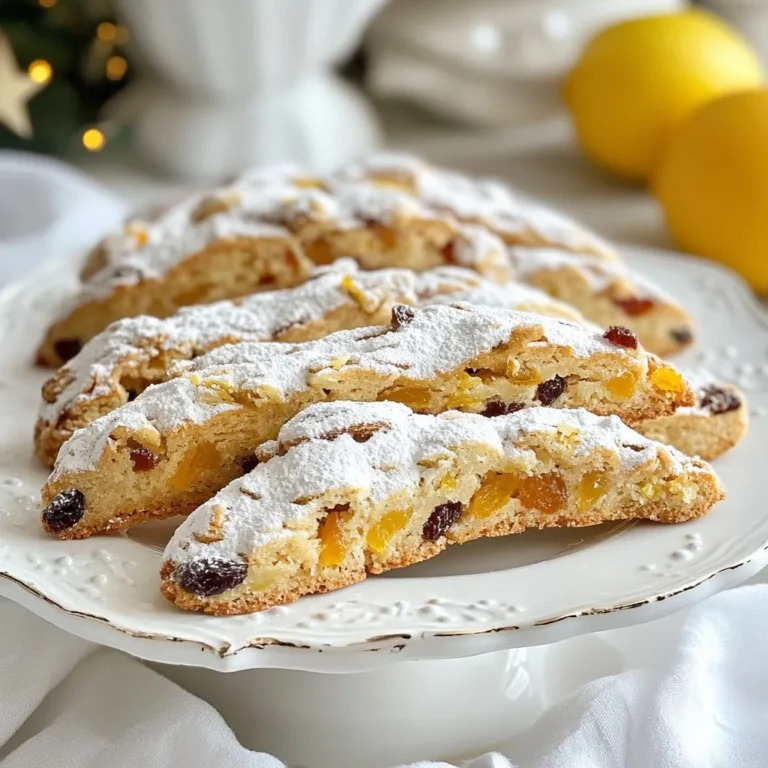 To make German Stollen Cookies, you need these simple ingredients: - 2 cups all-purpose flour - 1 teaspoon baking powder - 1/2 teaspoon baking soda - 1/4 teaspoon salt - 1 teaspoon ground cinnamon - 1/2 teaspoon ground nutmeg - 1/2 cup unsalted butter, softened - 3/4 cup powdered sugar - 1 large egg - 1 teaspoon vanilla extract - 1 cup mixed dried fruits (raisins, currants, diced candied orange peel) - 1/2 cup chopped nuts (almonds or walnuts) - 1/4 cup lemon zest - 1/4 teaspoon almond extract - Additional powdered sugar for dusting Each ingredient plays a unique role in the cookies. The flour gives structure. Baking powder and baking soda help them rise. If you lack baking powder, use baking soda with an acid, like vinegar. You can swap butter for coconut oil for a dairy-free option. If you want a sweet twist, try using brown sugar instead of powdered sugar. Using fresh, high-quality ingredients makes a big difference. Fresh spices enhance flavor. Good butter adds richness. When you use quality dried fruits, they add natural sweetness and chewiness. Nuts provide crunch and depth. Quality ingredients help your cookies taste amazing and look beautiful. Always choose the best for a special treat like this. {{ingredient_image_1}} 1. Start by preheating your oven to 350°F (175°C). Line a baking sheet with parchment paper. This helps prevent sticking. 2. In a medium bowl, combine 2 cups all-purpose flour, 1 teaspoon baking powder, 1/2 teaspoon baking soda, 1/4 teaspoon salt, 1 teaspoon ground cinnamon, and 1/2 teaspoon ground nutmeg. Whisk these dry ingredients until they mix well. 3. In a large bowl, cream together 1/2 cup softened unsalted butter and 3/4 cup powdered sugar. Beat until the mixture is light and fluffy. 4. Add 1 large egg, 1 teaspoon vanilla extract, and 1/4 teaspoon almond extract to the butter mixture. Mix until everything is blended smoothly. 5. Gradually add the dry mixture to the wet mixture. Stir until just combined. Do not overmix, as this can affect the texture. 6. Gently fold in 1 cup mixed dried fruits, 1/2 cup chopped nuts, and 1/4 cup lemon zest. Make sure these are evenly distributed in the dough. 7. Scoop tablespoon-sized portions of dough. Roll them into balls. Place the balls on the prepared baking sheet, leaving 2 inches between each one. 8. Lightly press down on each ball with your palm. This helps them bake evenly. 9. Bake the cookies for about 12-15 minutes. Look for lightly golden edges to know they are done. 10. Once baked, remove them from the oven and let them cool on the baking sheet for 5 minutes. Then, transfer them to a wire rack to cool completely. - Use softened butter for easy mixing. This helps create a fluffy cookie. - Do not overmix the dough; it should be slightly lumpy. This keeps the cookies tender. - Ensure your dried fruits and nuts are chopped small. This lets them blend into the cookie better. - Dust with powdered sugar only after the cookies cool. This keeps the sugar from melting into the cookies. These steps will help you create delicious German Stollen Cookies that are rich in flavor and perfect for any holiday gathering. Enjoy! When making German Stollen Cookies, avoid overmixing the dough. Overmixing can make the cookies tough. Also, do not skip chilling the dough if you find it too sticky. This helps shape the cookies better. Another common mistake is not measuring ingredients correctly. Use dry measuring cups for flour and sugar. For best results, spoon flour into the cup and level it off with a knife. To boost the flavor, try using fresh spices instead of pre-ground ones. Freshly grated nutmeg adds a unique taste. You can also soak the dried fruits in warm water or rum for a few minutes. This softens them and adds moisture to the cookies. Consider adding a pinch of sea salt to balance the sweetness. For the best texture, ensure your butter is softened but not melted. Creaming it with powdered sugar should make it light and fluffy. When you fold in the fruits and nuts, do so gently. This keeps the dough airy. Bake the cookies until the edges are golden, but the centers should look soft. They will firm up as they cool, giving you a nice chewy cookie. Pro Tips Chill the Dough: For the best texture and flavor, chill the cookie dough for at least 30 minutes before baking. This helps the flavors meld and keeps the cookies from spreading too much while baking. Use Fresh Spices: Ensure your ground spices are fresh for optimal flavor. Old spices can lose their potency, which may result in less flavorful cookies. Customize Your Fruits and Nuts: Feel free to swap in your favorite dried fruits or nuts. Dried cranberries, cherries, or pecans can add a unique twist to the classic stollen flavors. Perfect Powdered Sugar Dusting: To achieve an even dusting of powdered sugar, use a fine mesh sieve to sprinkle it over the cooled cookies for a professional finish. {{image_2}} You can change the dried fruits in these cookies. Try using apricots or figs. They add a sweet twist. You can also mix in cranberries for a tart flavor. For nuts, almonds and walnuts work great. You might even try pecans for a different taste. Each fruit and nut brings its flavor, making your cookies unique. Spices can make a big difference. Besides cinnamon and nutmeg, you might add ginger or allspice. These give warmth and depth to your cookies. You can also play with extracts. Use orange or lemon extract for a bright note. These small changes can create big flavor shifts, making each batch special. Decorating your cookies can be fun! Besides dusting with powdered sugar, consider using icing. A simple glaze can add a sweet touch. You can also add candied fruit on top for a festive look. For a beautiful presentation, arrange cookies on a platter. Add sprigs of evergreen or a cinnamon stick for that holiday feel. These details make your cookies stand out on any table. To keep your German Stollen Cookies fresh, store them in an airtight container. Place parchment paper between layers to avoid sticking. This method keeps them soft and tasty. Make sure they are completely cool before sealing to prevent moisture. You can store these cookies at room temperature for up to a week. Freezing is a great option for Stollen Cookies. To freeze, let the cookies cool fully. Then, wrap each cookie in plastic wrap. Place the wrapped cookies in a freezer bag or container. They can last for up to three months in the freezer. When ready to eat, simply thaw them at room temperature or warm them slightly in the oven. German Stollen Cookies have a good shelf life. When stored properly, they stay fresh for about a week at room temperature. If you freeze them, they maintain their flavor and texture for three months. This means you can enjoy them long after your holiday baking is done! Stollen has deep roots in Germany. It dates back to the 15th century. Originally, bakers made it for Christmas. It symbolized the birth of Jesus. Over time, the recipe evolved. Today, it features spices, fruits, and nuts. The traditional shape resembles a baby wrapped in cloth. This festive treat has become a favorite during the holidays. Yes, you can prepare Stollen Cookies in advance. You can make the dough a day before. Just wrap it tightly and refrigerate. This allows the flavors to meld. You can also freeze the baked cookies. Place them in an airtight container. They will stay fresh for about three months. Stollen Cookies are done when the edges turn light golden. Bake them for 12-15 minutes at 350°F (175°C). You can gently press the tops. They should spring back slightly. If they stay dented, give them a bit more time. Always keep an eye on them to avoid overbaking. Absolutely! Stollen Cookies make excellent gifts. Their festive look and rich flavor impress anyone. You can arrange them on a pretty platter. Adding a sprinkle of powdered sugar makes them even more appealing. Wrap them nicely in cellophane or a box. They are perfect for sharing during the holidays. Yes, gluten-free flour can be used for Stollen Cookies. Choose a blend that works for baking. Look for one that includes xanthan gum for better texture. The cookies may have a slightly different taste. But they will still be delicious and festive! In this blog, I shared the key elements for making Stollen Cookies. We discussed the essential ingredients and their quality, laid out step-by-step instructions, and highlighted tips for perfect results. I also covered variations to make your cookies unique and shared storage info to keep them fresh. By following these guidelines, you can enjoy delicious cookies that impress everyone. Happy baking!