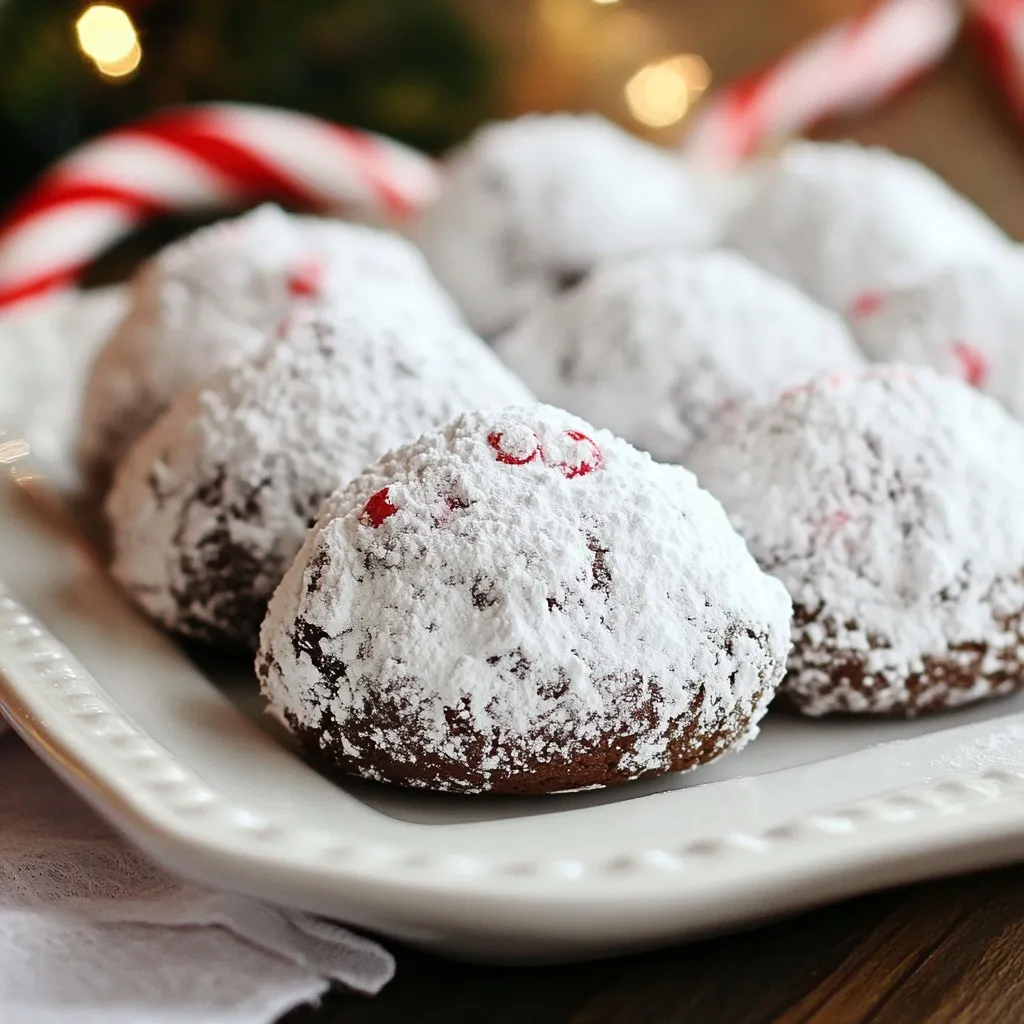 To make Chocolate Peppermint Snowball Cookies, you need the following: - 1 cup unsalted butter, softened - 1/2 cup powdered sugar, plus extra for dusting - 1 teaspoon vanilla extract - 1/2 teaspoon peppermint extract - 2 cups all-purpose flour - 1/2 cup cocoa powder - 1/4 teaspoon salt - 1/4 cup semi-sweet chocolate chips - 1/4 cup crushed peppermint candies Each ingredient plays a big role in your cookies. The butter gives them a rich taste. The powdered sugar makes them sweet and helps create a soft texture. Vanilla and peppermint extracts add their own special flavors. The flour and cocoa powder form the base of the dough. The salt balances the sweetness. Chocolate chips and crushed peppermint candies give fun bites in every cookie. If you don’t have unsalted butter, you can use salted butter. Just reduce the added salt to a pinch. For powdered sugar, you can use granulated sugar, but the texture will change. If you want a different flavor, use almond extract instead of vanilla. You can also replace semi-sweet chocolate chips with dark chocolate chips for a richer taste. If you can't find peppermint candies, crushed candy canes work well too! {{ingredient_image_1}} Start by preheating your oven to 350°F (175°C). This step is key to making sure your cookies bake evenly. While the oven heats, line your baking sheet with parchment paper. This helps prevent sticking and makes for easy cleanup later. In a large mixing bowl, add 1 cup of softened, unsalted butter. You want it soft enough to mix easily. Then, add 1/2 cup of powdered sugar. Beat them together for about 3-4 minutes. This makes the mixture light and fluffy. Next, mix in 1 teaspoon of vanilla extract and 1/2 teaspoon of peppermint extract. Make sure these flavors blend well; they are the stars of the cookies. In another bowl, whisk together 2 cups of all-purpose flour, 1/2 cup of cocoa powder, and 1/4 teaspoon of salt. Whisking helps to aerate the dry mix. Gradually add this to the wet ingredients. Mix until just combined. Be careful not to over mix; we want soft cookies, not tough ones. Now, it’s time to fold in the fun stuff! Add 1/4 cup of semi-sweet chocolate chips and 1/4 cup of crushed peppermint candies to your dough. Stir gently to mix them in evenly. Use a tablespoon to scoop out dough and roll it into balls about 1 inch in diameter. Place these on your lined baking sheet, making sure to space them about 2 inches apart. Bake the cookies in your preheated oven for 10-12 minutes. When they come out, they may look a little soft, but they will firm up as they cool. Let them cool on the baking sheet for 5 minutes. Then, transfer them to a wire rack. Once they are completely cool, dust them with extra powdered sugar for that snowy look. Enjoy your delightful treats! To get the best cookie texture, start with room-temperature butter. This helps the butter mix well with the sugar. Creaming them together is key. Mix until it looks light and fluffy. This usually takes about 3 to 4 minutes. When you add the dry ingredients, mix just until combined. Over-mixing can make them tough. You want a soft dough that holds its shape. To keep your cookies fresh, store them in an airtight container. Place a piece of wax paper between layers of cookies. This keeps them from sticking together. If you want them to last longer, freeze them. Just place them in a freezer bag and squeeze out the air. They can stay fresh for up to three months in the freezer. Measuring ingredients accurately is key for great cookies. Use dry measuring cups for flour and cocoa powder. Spoon the ingredient into the cup, then level it off with a knife. This avoids packing the flour too tightly. For sticky ingredients like butter, use a liquid measuring cup. Remember, precision matters! Pro Tips Chill the Dough: If the dough feels too soft to handle, refrigerate it for about 30 minutes before rolling into balls. This will make it easier to shape and help the cookies maintain their form while baking. Use Fresh Peppermint Candies: For the best flavor and crunch, use freshly crushed peppermint candies. Old or stale candies may lose their crispness and flavor, affecting the overall taste of your cookies. Don’t Overbake: Keep an eye on the cookies as they bake. They should look slightly soft in the center when you take them out. They will continue to firm up as they cool, resulting in a soft and chewy texture. Dust Generously: For a beautiful snowy appearance, dust the cookies with powdered sugar just before serving. You can also add a second dusting right before serving for an extra festive touch. {{image_2}} You can make these cookies even more fun for the holidays. Try adding festive sprinkles on top. You might also use crushed candy canes instead of peppermint candies. This will give each cookie a bright, colorful look. You can even drizzle white chocolate over the cookies after they cool. It adds a sweet touch that matches the snowy theme. If you want to switch things up, consider using different extracts. Almond extract gives a nice twist. You might also try orange or coconut extracts for unique flavors. Mix in some chopped nuts like walnuts or pecans for extra crunch. The chocolate chips can be swapped for dark or white chocolate, too. Each change gives you a new cookie experience. Making these cookies gluten-free is easy! Just replace all-purpose flour with a gluten-free blend. Many blends work well for baking. Check labels to find one that fits your taste. Ensure that your cocoa powder and other ingredients are gluten-free too. This way, everyone can enjoy the tasty treats without worry. To keep your Chocolate Peppermint Snowball Cookies fresh, store them in an airtight container. This method keeps them soft and tasty. Layer the cookies with parchment paper to avoid sticking. If you want to keep them for longer, you can also wrap them in plastic wrap before placing them in the container. Freezing these cookies is simple. First, let the cookies cool completely. Then, place them in a single layer on a baking sheet. Freeze them for about 1 hour. After they are firm, transfer the cookies to a freezer-safe bag. This helps prevent freezer burn. You can freeze them for up to three months. When ready to eat, just thaw them at room temperature. When stored properly, Chocolate Peppermint Snowball Cookies last about one week at room temperature. If you keep them in the fridge, they may last a bit longer. However, the cold can change the texture. For the best taste, eat them fresh or within a week. Yes, you can use margarine in place of butter. It will change the flavor a bit. Butter gives a rich taste that margarine lacks. If you do use margarine, choose one that is stick form for best results. This will help keep the texture similar to the original recipe. To crush peppermint candies, place them in a zip-top bag. Use a rolling pin or a heavy pan to smash them. Make sure you crush them into small pieces but not dust. This will give your cookies a nice crunch and burst of flavor. You can make these cookies more festive by adding fun toppings. Try drizzling melted white chocolate on top. You can also sprinkle extra crushed candies or colorful sprinkles. These small touches will make your cookies shine at any gathering. If your dough is too crumbly, it may need more moisture. Add a teaspoon of milk or water, then mix well. If it’s still dry, keep adding small amounts until it comes together. The dough should be soft and easy to roll into balls. You learned about making delicious cookies from start to finish. I shared key ingredients, step-by-step instructions, and helpful tips. Remember to store your cookies well for the best taste. You can also try fun variations to keep things fresh. Baking cookies can be a joy with the right techniques. With this guide, you can bake tasty treats your friends will love. Enjoy the process and get creative in the kitchen!