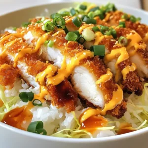 - 2 boneless, skinless chicken breasts - 1 cup panko breadcrumbs - 1/2 cup all-purpose flour - 2 large eggs - 1 teaspoon salt - 1/2 teaspoon black pepper - 1 teaspoon garlic powder - 1 teaspoon paprika - 1 cup cooked white rice (for serving) - 1/2 cup shredded cabbage (for garnish) - 1/4 cup sliced green onions (for garnish) - Tonkatsu sauce (for drizzling) - Vegetable oil (for frying) Start with the chicken. Use two boneless, skinless chicken breasts. Place each breast between plastic wrap. Pound them gently to 1/2 inch thick. This step makes the chicken tender and ready for cooking. Next, prepare your breading station. In one dish, mix the flour with salt, black pepper, garlic powder, and paprika. This blend gives the chicken great flavor. In another dish, beat the two eggs. In a third dish, pour in the panko breadcrumbs. While the chicken is cooking, consider garnishing your bowl. Use shredded cabbage for a fresh crunch. Green onions add color and a mild onion taste. Drizzle tonkatsu sauce over the top for a sweet and tangy finish. These garnishes make your crispy chicken katsu bowl look and taste amazing. {{ingredient_image_1}} To start, take your chicken breasts. Place each one between two sheets of plastic wrap. You want to pound them gently. Aim for an even thickness of about 1/2 inch. This ensures they cook evenly. Now, let&rsquo;s set up the breading station. In one shallow dish, mix the all-purpose flour, salt, pepper, garlic powder, and paprika. In the second dish, beat the two eggs until combined. The third dish will hold the panko breadcrumbs. Take each chicken breast and dip it into the flour mix. Make sure it&rsquo;s well-coated. Next, transfer it to the egg. Let the excess drip off. Now, coat it with panko breadcrumbs. Press gently so they stick well. Heat about 1/4 inch of vegetable oil in a large skillet over medium heat. Once the oil is hot, carefully add the breaded chicken. Fry each piece for about 4 to 5 minutes on each side. Look for a golden brown color. The internal temperature should reach 165&deg;F (75&deg;C). After cooking, remove the chicken from the skillet. Place it on a plate lined with paper towels. This helps absorb any extra oil. Let the chicken rest for a few minutes. Then, slice it into strips. Now, you&rsquo;re ready to assemble your delicious bowls! To make your chicken katsu extra crispy, follow these steps. First, make sure to pound the chicken breasts evenly. This helps them cook evenly too. Use panko breadcrumbs for that perfect crunch. They are lighter and crispier than regular breadcrumbs. When frying, keep the oil at a steady medium heat. If the oil is too hot, the outside cooks too fast. If it's too cool, the chicken will soak up excess oil. Fry each piece for about 4-5 minutes per side. This gives a golden color and a nice crunch. Tonkatsu sauce adds a sweet and tangy kick to your dish. You can make it at home easily. Combine the following ingredients in a bowl: - 1/4 cup ketchup - 2 tablespoons soy sauce - 1 tablespoon Worcestershire sauce - 1 tablespoon sugar - A dash of garlic powder Mix them well until smooth. Taste it and adjust if you want it sweeter or tangier. Drizzle this sauce over your chicken katsu right before serving. It makes a big difference! If you have leftover chicken katsu, store it right. Place it in an airtight container. Keep it in the fridge for up to 3 days. To keep it crispy, try to avoid stacking pieces. If you want to reheat it, use an oven. This helps to keep its crunchiness. Set the oven to 375&deg;F (190&deg;C) and bake for about 10-15 minutes. Enjoy your tasty leftovers! Pro Tips Even Thickness: Ensure that the chicken breasts are pounded to an even thickness to promote even cooking and prevent dry edges. Press on Breadcrumbs: When coating the chicken with panko breadcrumbs, press down gently to ensure they adhere well for a crunchier texture. Oil Temperature: Test the oil temperature by dropping a crumb of bread into it; if it sizzles immediately, the oil is ready for frying. Rest the Chicken: Allow the fried chicken to rest on a paper towel after cooking to absorb excess oil, which helps maintain its crispiness. {{image_2}} You can make a tasty vegetarian katsu using eggplant or zucchini. Slice the vegetable into thick pieces. Bread them like chicken. Use panko, flour, and egg for the coating. Fry until golden and crispy. Serve on rice with the same toppings. This option is healthy and delicious. If you like heat, add spice to your katsu bowl. Mix sriracha or chili paste into your tonkatsu sauce. You can also sprinkle cayenne pepper or red pepper flakes into the breading. This adds a nice kick. Serve with a side of spicy pickles for extra flavor. For a fun twist, try a sushi-style katsu bowl. Use sushi rice instead of white rice. Add avocado, cucumber, and seaweed for garnish. Drizzle with soy sauce and wasabi for a unique flavor. This blend of textures and tastes makes for a delightful meal. After you make crispy chicken katsu bowls, let them cool down. Store the chicken and rice in an airtight container. This keeps them fresh for up to three days in the fridge. Make sure to separate the sauce from the chicken to avoid sogginess. If you want to save some for later, freeze the chicken katsu. Place it in a freezer bag, removing as much air as possible. It stays good for about three months. You can also freeze the cooked rice. Just make sure to cool it first before packing. To reheat the chicken katsu, use an oven. Preheat it to 375&deg;F (190&deg;C). Place the chicken on a baking sheet and warm it for about 10 minutes. This helps keep it crispy. For rice, you can microwave it. Add a splash of water to keep it moist while reheating. If you froze the chicken, thaw it in the fridge overnight before reheating. Enjoy your delicious meal again! Chicken Katsu is a popular Japanese dish. It features breaded and fried chicken. The chicken is usually boneless and skinless, making it tender. You coat it in flour, dip it in egg, and then cover it in panko breadcrumbs. This gives it a crispy texture. It&rsquo;s often served with rice and a tangy sauce, like tonkatsu. To make Chicken Katsu sauce, mix the following ingredients: - 1/4 cup ketchup - 2 tablespoons Worcestershire sauce - 1 tablespoon soy sauce - 1 tablespoon sugar - 1 teaspoon Dijon mustard - A pinch of salt and pepper Combine all the ingredients in a bowl. Stir until smooth. Adjust the taste as needed. This sauce adds a sweet and savory flavor to your dish. Yes, you can bake Chicken Katsu. Preheat your oven to 400&deg;F (200&deg;C). Place the breaded chicken on a baking sheet. Spray it lightly with cooking oil. Bake for about 20-25 minutes. Flip halfway through for even cooking. Ensure the chicken reaches an internal temperature of 165&deg;F (75&deg;C). Baked chicken katsu will be less oily but still tasty. In this post, we covered all you need for Chicken Katsu. We listed the ingredients and their measurements, and I shared how to prepare and cook them. You learned tips for crispiness and how to make sauce from scratch. I highlighted creative variations and provided storage tips. Chicken Katsu is fun to make and enjoy. Try the recipes and tips in your kitchen! You&rsquo;ll impress friends and family with your skills.