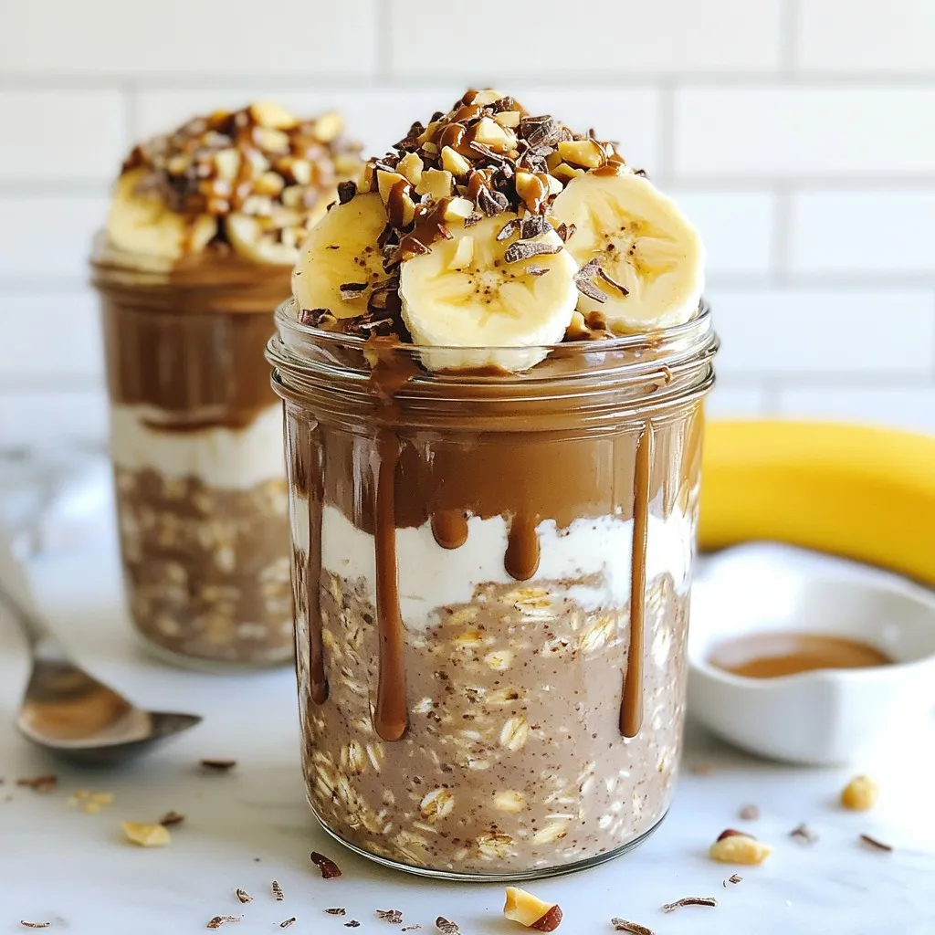 - 1 cup rolled oats - 2 cups almond milk (or any milk of choice) - 2 tablespoons cocoa powder - 2 tablespoons peanut butter (creamy or crunchy) The main ingredients make this recipe both tasty and filling. Rolled oats serve as the base. They are hearty and provide fiber. Almond milk adds a creamy texture without dairy. You can use any milk you enjoy. Cocoa powder gives that rich chocolate flavor. Peanut butter offers a nutty taste and healthy fats. You can choose creamy or crunchy peanut butter based on your preference. - 2 tablespoons maple syrup (adjust to taste) - 1 teaspoon vanilla extract - A pinch of salt For sweetness, maple syrup works well. It adds a nice flavor without being too overpowering. You can adjust the amount to your liking. Vanilla extract adds warmth and depth to the oats. A pinch of salt balances the sweetness and enhances the flavors. - 1 banana, sliced (for topping) - Chopped nuts or granola (for garnish) Toppings make your oats even more fun. Sliced banana adds natural sweetness and creaminess. It pairs perfectly with chocolate and peanut butter. Chopped nuts or granola give a nice crunch. They add texture and extra flavor. You can mix and match toppings based on what you have. {{ingredient_image_1}} In a mixing bowl, combine: - 1 cup rolled oats - 2 tablespoons cocoa powder - A pinch of salt Mix these dry ingredients well. This is where the chocolate flavor starts. The cocoa powder gives the oats a rich taste. The salt balances the sweetness later. In another bowl, whisk together: - 2 cups almond milk (or any milk of choice) - 2 tablespoons peanut butter (creamy or crunchy) - 2 tablespoons maple syrup (adjust to taste) - 1 teaspoon vanilla extract If your peanut butter is thick, heat it briefly in the microwave. This makes it easier to mix. Whisk until smooth. The wet ingredients bring creaminess and sweetness to the oats. Pour the wet mixture over the dry ingredients. Stir until all oats are well coated. You want every oat to soak up that chocolate and peanut butter goodness. After mixing, divide the mixture into two jars. You can use any container with a lid. This makes for easy storage and serving. Seal the jars tightly. Place them in the refrigerator overnight. This lets the oats absorb all the flavors. If you are in a rush, let them sit for at least four hours. When ready to serve, stir the oats again. Top with sliced banana and chopped nuts or granola. This adds crunch and extra flavor to your treat. Enjoy! To get the best texture, use thicker peanut butter. A creamy option works great. If you like crunchy, that works too! You can also adjust the liquid levels. If your oats seem too dry, add a bit more milk. If they are too wet, use less next time. These oats are perfect for busy days. You can make them the night before. Just mix the ingredients, divide them into jars, and refrigerate. They stay fresh for a few days. It’s a quick breakfast ready to go! Serving your oats in clear jars is fun. You can see all the layers and colors. Top with sliced banana and chopped nuts. Drizzle a little extra peanut butter on top for a tasty look. This makes your breakfast not only delicious but pretty too! Pro Tips Choose the Right Oats: Use rolled oats for the best texture. Steel-cut oats will not soften properly overnight. Adjust Sweetness: Taste the mixture before refrigerating and adjust the maple syrup according to your preference. Layer Your Toppings: For an appealing presentation, layer the banana and nuts on top just before serving to keep them fresh. Experiment with Flavors: Try adding spices like cinnamon or nutmeg for a unique twist to your overnight oats. {{image_2}} You can easily swap almond milk for any plant-based milk. Oat milk, soy milk, and coconut milk work well. Each type adds its own flavor. Almond milk gives a nutty taste, while coconut milk adds creaminess. This way, you can enjoy your chocolate peanut butter overnight oats without dairy. Want a protein boost? Add a scoop of protein powder to your mix. It blends well and adds nutrition. You can also sprinkle a bit of nutmeg for warmth and spice. This small touch makes a big difference. It adds depth to your chocolate peanut butter oats. If you prefer different sweeteners, try agave syrup or honey. Both add sweetness without overpowering. Stevia is another option for a low-calorie choice. Each sweetener gives its unique flavor. Adjust the amount to suit your taste. Enjoy experimenting with these options to find your perfect mix! You can store your chocolate peanut butter overnight oats in the fridge for up to five days. Just make sure to keep them in airtight jars. This helps keep them fresh and tasty. If you notice any change in color or smell, it's best to toss them. You can eat overnight oats cold, straight from the fridge. Many people enjoy them this way. If you prefer warm oats, heat them in the microwave for about 30 seconds. Stir well after heating to ensure even warmth. You can freeze these oats for later use. Just place them in freezer-safe containers. They can last up to three months in the freezer. When you are ready to eat, thaw them in the fridge overnight. Then, enjoy them cold or heat them as desired. Yes, you can use quick oats. They will absorb liquid faster. This makes them softer but may change the texture. If you like a creamier mix, quick oats work well. Just keep an eye on the soaking time. To make this recipe vegan, use plant-based milk. Almond milk is a great choice. Also, ensure your peanut butter has no added dairy. Maple syrup is already vegan, so you’re good there! If you want to swap peanut butter, try almond butter or sunflower seed butter. These options give a different flavor but still taste great. You can also use tahini for a nut-free choice. Yes, you can make overnight oats without milk. Use water or a non-dairy yogurt instead. Just remember, the oats need some liquid to soften. Adjust the amount based on your preference. Yes, adding protein powder is a fantastic idea! Just mix it in with the dry ingredients. This change boosts the protein and keeps you full longer. Select a flavor that works well with chocolate, like vanilla. Overnight oats are simple and fun to make. We covered the essential ingredients, from oats to toppings. I shared step-by-step instructions to guide you along. I also offered tips to ensure good texture and best storage practices. Feel free to switch ingredients to match your taste. In the end, overnight oats can be a quick, healthy choice any day. Enjoy creating your own delicious bowls!