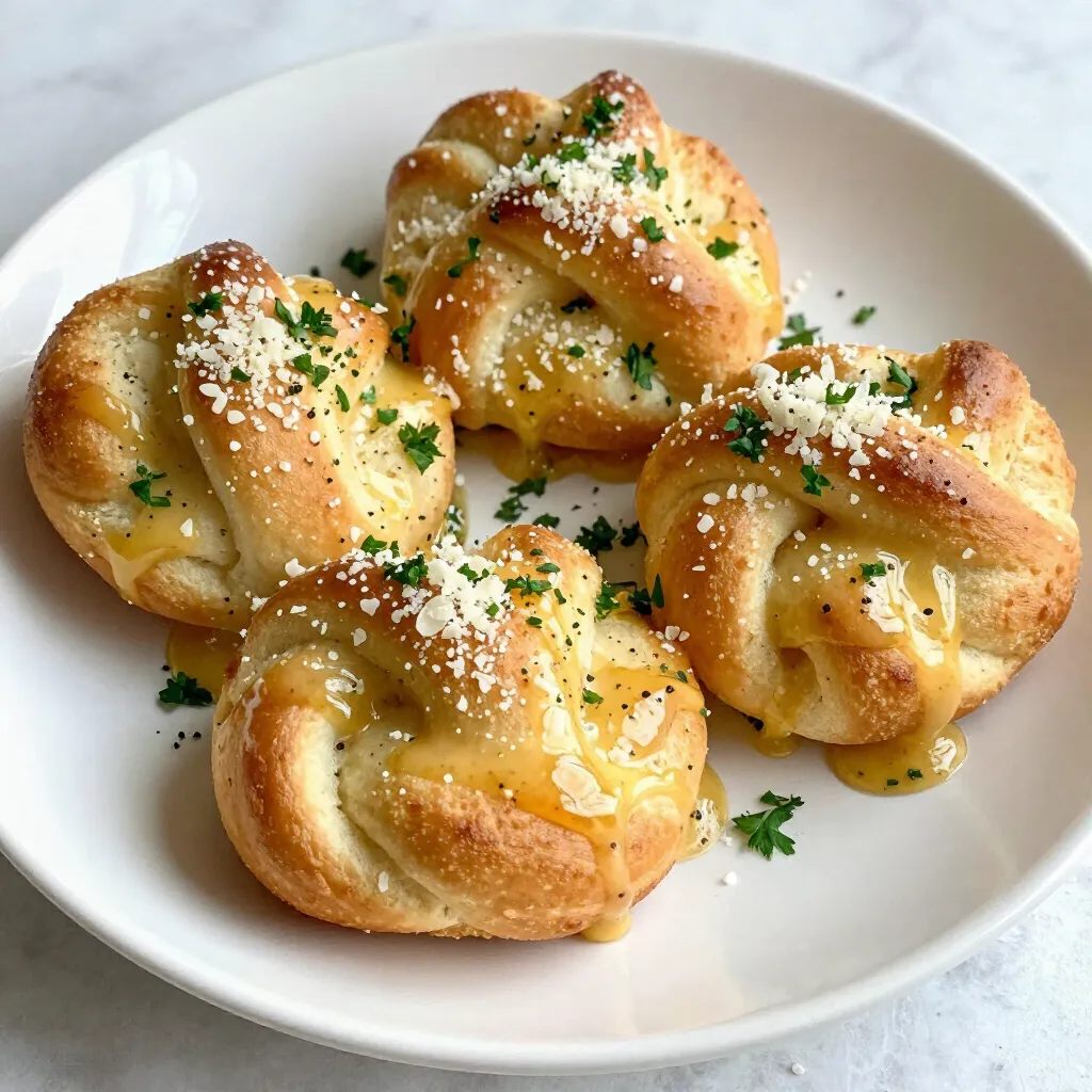 - 1 package (16 oz) of refrigerated pizza dough - 4 tablespoons unsalted butter, melted - 4 cloves garlic, minced - 1/2 cup grated Parmesan cheese - 1 tablespoon fresh parsley, chopped - 1 teaspoon dried Italian herbs (oregano, basil, thyme) - 1/2 teaspoon salt - 1/4 teaspoon black pepper Gather these ingredients for your garlic Parmesan knots. The pizza dough serves as the base. You can use store-bought dough to save time. The garlic and butter mix adds great flavor. Parmesan cheese gives that rich, salty touch. Fresh parsley adds color and a hint of freshness. The dried herbs boost the overall taste. Salt and pepper round out the flavors perfectly. Each ingredient plays a role in making these knots delicious. You can also customize these knots. Try adding more garlic or different cheeses. The fun part is experimenting with flavors. Enjoy the process of making this easy, tasty appetizer! {{ingredient_image_1}} First, preheat your oven to 400°F (200°C). This warm heat helps the knots cook perfectly. Grab a baking sheet and line it with parchment paper. This step keeps the knots from sticking. Next, take your refrigerated pizza dough. On a lightly floured surface, roll it out. Aim for a rectangle about 1/4 inch thick. This thickness ensures a nice texture. Now it’s time to cut the dough. Use a sharp knife or pizza cutter to slice it into strips. Each strip should be about 1 inch wide and 6 inches long. This length is just right for tying knots. Take each strip and tie it into a knot. Don’t worry; if it looks messy, it will still taste great! Tuck the ends underneath each knot to keep them secure, then place them on the prepared baking sheet. In a small bowl, combine melted butter with minced garlic, salt, pepper, and dried Italian herbs. This mix adds a rich flavor to the knots. Stir well until everything blends together. Now, take a pastry brush and generously brush the garlic butter mixture over each knot. Make sure they are well coated for that delicious taste. Sprinkle grated Parmesan cheese over the knots for added flavor. Then, add chopped parsley for a pop of color. Now, place the baking sheet in your preheated oven. Bake the knots for 12-15 minutes, or until they turn golden brown. Keep an eye on them! If you want extra flavor, drizzle any remaining garlic butter over the knots after baking. Enjoy the smell as they cook! To make sure your knots look great, start by rolling the dough evenly. Aim for a rectangle about 1/4 inch thick. This helps create uniform pieces. When you cut the dough into strips, use a sharp knife or pizza cutter for clean edges. Each strip should be about 1 inch wide and 6 inches long. To tie the knots, take one strip and form it into a loop. Then, pull one end through the loop. Finally, tuck the ends underneath to hold the shape. To elevate the flavor of your knots, consider adding a touch of crushed red pepper flakes. This will give a spicy kick. You can also mix in other cheeses, like mozzarella or cheddar, for a different taste. If you don't have fresh parsley, try using basil or chives instead. Dried herbs work too, but fresh herbs bring more flavor. For a stunning presentation, serve your garlic Parmesan knots warm on a wooden platter. Add extra chopped parsley on top for a pop of color. A small bowl of marinara sauce makes a great dipping option. You could also offer garlic butter on the side for extra richness. This makes your appetizer not just tasty, but visually appealing too! Pro Tips Use Fresh Garlic: For the best flavor, use fresh garlic instead of pre-minced garlic. Fresh garlic provides a more robust and aromatic taste. Experiment with Cheese: While Parmesan is delicious, you can mix in other cheeses like mozzarella or cheddar for added flavor and gooeyness. Make Ahead: You can prepare the knots in advance and refrigerate them. Just bake them fresh when you're ready to serve! Customize the Herbs: Feel free to adjust the herbs according to your preference. Adding fresh basil or rosemary can elevate the flavor profile. {{image_2}} You can change the cheese in your garlic Parmesan knots. Mozzarella works great. It melts well and adds a creamy texture. You can also try cheddar for a sharp twist. Just remember, the cheese should be easy to melt. Mix and match to find your favorite flavor. For a kick, add crushed red pepper flakes. Start with a pinch and taste. If you want more heat, add a bit more. The spice pairs well with the garlic and cheese. It adds a nice balance to the rich flavors. This twist makes your knots exciting and bold. Fresh herbs can elevate your garlic Parmesan knots. Try adding rosemary or thyme to the garlic butter mix. These herbs bring a fresh taste that brightens the dish. You can also mix in dried herbs if fresh ones aren't available. This option gives your knots a garden-fresh flavor. To keep your garlic Parmesan knots fresh, store them in an airtight container. Let them cool first, then place a paper towel at the bottom of the container. This towel will absorb any moisture. If you don't have a container, wrap the knots in plastic wrap. Store them in the fridge for up to three days. When it's time to enjoy your leftovers, the oven is the best way to reheat. Preheat your oven to 350°F (175°C). Place the knots on a baking sheet and heat for about 5-7 minutes. This way, they stay crispy and warm. You can also microwave them for 20-30 seconds, but they may lose some crunch. To freeze your garlic Parmesan knots, let them cool completely. Place them in a single layer on a baking sheet and freeze for 1-2 hours. After that, transfer them to a freezer bag or container. They can stay frozen for up to three months. When you’re ready to eat, thaw them in the fridge overnight. Then, reheat them in the oven, as mentioned earlier. Yes, you can use homemade pizza dough. It adds a personal touch. Just make sure it's the right texture. If your dough is too sticky, add a bit of flour. If it's too dry, a bit of water can help. You can also use store-bought dough or even crescent roll dough for a twist. Each option brings its own flavor and texture to the knots. Garlic Parmesan knots bake for about 12 to 15 minutes. Preheat your oven to 400°F (200°C) for the best results. Keep an eye on them in the last few minutes. You want them golden brown and cooked through. If you bake them too long, they can become hard. Garlic Parmesan knots are tasty but can be rich. Each knot has butter and cheese, which adds calories. A serving size is about two knots. If you want a lighter option, use less butter or substitute with olive oil. You can also add whole wheat flour to the dough for extra fiber. Enjoy these as a treat, but balance them with veggies or a salad. We covered a simple and tasty way to make garlic parmesan knots. First, gather your dough, butter, and seasonings. Then, follow the steps to shape and bake these delicious treats. Remember, you can add your twist with different cheeses or toppings. Store extras well, and enjoy them later. These knots are easy to make and perfect for sharing. Now, it's time to roll up your sleeves and create something great in your kitchen. Enjoy every bite of your garlic parmesan knots!