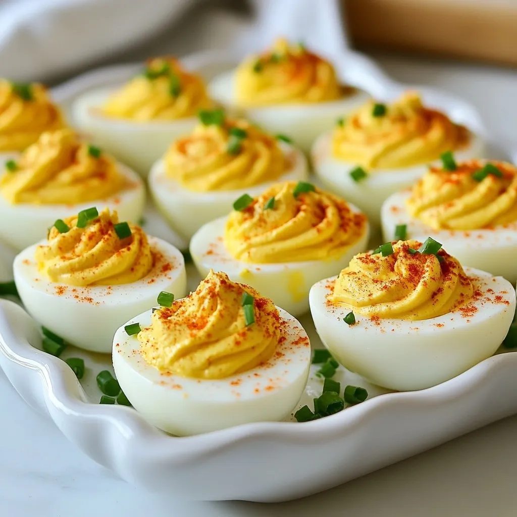 To make classic deviled eggs, you will need: - 6 large eggs - 1/4 cup mayonnaise - 1 teaspoon Dijon mustard - 1 teaspoon apple cider vinegar - 1/4 teaspoon smoked paprika - Salt and pepper to taste - Chopped chives or green onions for garnish Fresh eggs make the best deviled eggs. Here are some tips: - Buy eggs a week before you plan to use them. - Check the sell-by date on the carton. - Store eggs in the main part of the fridge, not the door. - Use eggs that sink in water. Floating eggs are old. When choosing eggs, quality matters. Here’s what to think about: - Organic eggs come from chickens fed organic feed. - Free-range eggs often taste better and are more humane. - Store brands may be cheaper but check for quality. - Buy local eggs if possible; they are often fresher. Choosing the right ingredients can make your deviled eggs shine! {{ingredient_image_1}} First, take six large eggs. Place them in a pot and cover them with water. Make sure the water is about an inch above the eggs. Turn the heat to medium-high until the water boils. Once it starts boiling, cover the pot and turn off the heat. Let the eggs sit for 12 minutes. This method cooks the eggs evenly. After 12 minutes, transfer the eggs to an ice bath. Let them cool for about 5 minutes. This makes peeling much easier. Once the eggs are cool, peel them carefully. Slice each egg in half lengthwise. Gently remove the yolks and place them in a mixing bowl. Use a fork to mash the yolks until they are crumbly. Next, add 1/4 cup of mayonnaise, 1 teaspoon of Dijon mustard, and 1 teaspoon of apple cider vinegar to the bowl. Sprinkle in 1/4 teaspoon of smoked paprika, along with salt and pepper to taste. Stir until the mixture is creamy and smooth. This is the heart of your deviled eggs. Now, it’s time to fill the egg whites. You can use a spoon or a piping bag for this step. Spoon the yolk mixture carefully into each egg white half. Make sure to fill them generously. For a nice touch, sprinkle a little extra smoked paprika on top. Finally, garnish with chopped chives or green onions. This adds a fresh flavor and a pop of color to your dish. Enjoy your classic deviled eggs! To make the best hard-boiled eggs, start with fresh eggs. Older eggs are harder to peel. Use a pot that fits all eggs snugly. Cover them with cold water. Bring the water to a boil over medium-high heat. Once boiling, cover the pot and turn off the heat. Let the eggs sit for 12 minutes. This method ensures a creamy yolk without any green ring. Peeling eggs can be tricky, but I have a great tip. After cooking, place the eggs in an ice bath. Let them cool for about 5 minutes. This step helps separate the egg from the shell. Tap the egg gently on the counter to crack it. Roll the egg lightly to loosen the shell. Start peeling from the wider end where there is usually an air pocket. To elevate your deviled eggs, play with flavors. Add a splash of hot sauce for heat. Use smoked paprika for a rich flavor. Try adding fresh herbs like dill or basil. You can also mix in some chopped pickles for crunch. Experiment with different mustards to find your favorite blend. Adding these elements makes your deviled eggs stand out at any gathering. Pro Tips Fresh Eggs: For the best results, use eggs that are at least a week old. Fresh eggs can be harder to peel after boiling. Ice Bath: Always transfer your eggs to an ice bath immediately after boiling to stop the cooking process and make peeling easier. Piping the Filling: For a more elegant presentation, use a piping bag to fill the egg whites with the yolk mixture instead of spooning it in. Flavor Variations: Feel free to get creative! Add ingredients like avocado, bacon, or hot sauce to the yolk mixture for a unique twist. {{image_2}} To add a kick to your classic deviled eggs, go spicy! Start with the base recipe. Then, mix in some hot sauce or diced jalapeños. You can also use chipotle powder for a smoky heat. Spice lovers will enjoy this extra flavor! For a creamy and fresh twist, try avocado deviled eggs. Replace half the mayonnaise with ripe avocado. Mash it well with the yolks. This gives a rich texture and a vibrant green color. Don't forget to add lime juice for brightness! Take your deviled eggs on a trip to the Mediterranean. Mix in some finely chopped olives, sun-dried tomatoes, and feta cheese. These ingredients add a savory taste that makes the eggs unique. Garnish with fresh herbs, like dill or parsley, for a nice touch! After making deviled eggs, you might have some left. Store them in an airtight container. Use plastic wrap to cover them if you don’t have a container. Make sure to keep them in the fridge. This helps keep them fresh and safe to eat. Keep deviled eggs cold. Bacteria can grow if they sit out too long. Serve them chilled. If they are outside for more than two hours, throw them away. Always wash your hands before handling food. This keeps everything clean and safe. Deviled eggs stay fresh for about three days in the fridge. If they look or smell bad, it’s best to toss them. If you want to freeze them, it’s not recommended. Freezing changes the texture of the eggs. Enjoy your deviled eggs within the three-day window for the best taste! Yes, you can use other mustards. Yellow mustard adds a tangy flavor. Spicy brown mustard gives a kick. You can even try whole grain mustard for texture. Each type will change the taste slightly. Experiment to find your favorite mix! You can prepare deviled eggs a day in advance. Cook and peel the eggs. Store the egg whites and yolk mixture separately. Keep them in airtight containers in the fridge. When you are ready to serve, fill the whites just before your guests arrive. This keeps them fresh! Garnishes add color and flavor. You can use chopped chives or green onions for a fresh touch. Paprika gives a nice pop of color and flavor. Try crispy bacon bits for crunch. Fresh herbs, like dill or parsley, also work well. Let your creativity shine! You now have a complete guide to making deviled eggs. We covered ingredients, cooking tips, and fun variations. Remember, freshness matters for great taste. Pay attention to your egg preparation and assembly techniques, as they shape your final dish. With these tips, you can impress everyone with your flavor creations. Enjoy experimenting with garnishes and try new styles. You’ll find your favorites in no time. Happy cooking!