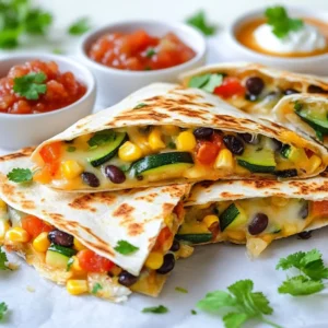 - 4 large whole wheat tortillas - 1 cup shredded cheese (cheddar or a blend) - 1 bell pepper (red or yellow), diced - 1 small zucchini, diced - 1 cup corn kernels (fresh or frozen) - 1 cup black beans, rinsed and drained - 1 small red onion, diced - 2 cloves garlic, minced - 2 tablespoons olive oil The main ingredients create a hearty meal. Whole wheat tortillas give a nice base. They add flavor and fiber. The shredded cheese melts well and ties everything together. I love using a mix of cheddar and other cheeses for depth. Bell peppers and zucchini add brightness and crunch. They make the quesadillas colorful and tasty. Corn kernels bring sweetness and texture. Black beans add protein and keep you full. The diced red onion adds a bit of bite, while minced garlic gives a wonderful aroma. - 1 teaspoon cumin - 1 teaspoon chili powder - Salt and pepper to taste - Fresh cilantro, chopped (for garnish) - Salsa and sour cream (for serving) Seasonings make these quesadillas pop! Cumin gives a warm, earthy flavor. Chili powder adds a bit of heat and depth. Don't forget to add salt and pepper to enhance all the flavors. For garnishes, fresh cilantro adds a burst of freshness. It makes the dish look bright and inviting. Serving with salsa and sour cream offers tanginess and creaminess. These extras elevate the whole meal, making it even more enjoyable. {{ingredient_image_1}} - Heat 2 tablespoons of olive oil in a large skillet over medium heat. - Add 1 small diced red onion. Sauté for about 3-4 minutes until it turns soft. - Now, add 2 minced cloves of garlic, 1 diced bell pepper, and 1 diced zucchini. Sauté for another 5 minutes until the veggies are tender. - Stir in 1 cup of corn and 1 cup of rinsed black beans. - Season with 1 teaspoon of cumin, 1 teaspoon of chili powder, salt, and pepper. Mix well and heat for 2-3 minutes. - On one half of each tortilla, sprinkle 1 cup of shredded cheese. - Spoon a good amount of the veggie mix over the cheese. - Top with more cheese, then fold the tortilla in half. - In another skillet, heat more olive oil over medium heat. - Place the folded quesadilla in the skillet and cook for 3-4 minutes on each side. - Cook until golden brown and crispy. - Once done, remove the quesadilla and let it cool for a minute. Cut into wedges. - Garnish with chopped cilantro and serve with salsa and sour cream. To bring out the best in your loaded veggie quesadillas, spices are key. I love adding cumin and chili powder for warmth. You could also try paprika or oregano for a twist. Fresh herbs like cilantro add brightness. If you want creaminess, add extra cheese or slices of avocado. These small touches can make a big difference in taste. While a skillet works great, other methods exist. You can use a grill for a smoky flavor. Just be sure to use a pan or foil to prevent sticking. The oven is another option; bake them at 400°F for about 10-15 minutes until golden. Both ways create delicious results. To get that perfect crunch, oil is important. Use just enough to coat the pan lightly. Heat should be medium to avoid burning. If you want a super crispy quesadilla, press it down with weights or a heavy skillet. This trick helps get an even golden brown on both sides. Pro Tips Use Fresh Ingredients: Whenever possible, opt for fresh vegetables and herbs to enhance the flavor and nutrition of your quesadillas. Customize Your Cheese: Experiment with different types of cheese, such as pepper jack or mozzarella, to give your quesadillas a unique flavor profile. Perfectly Crispy Quesadillas: Make sure your skillet is properly heated before adding the quesadilla to achieve that golden-brown and crispy texture. Make It a Meal: Add some cooked quinoa or rice to the veggie mixture for a heartier dish that can serve as a complete meal. {{image_2}} You can easily change the veggies in your quesadillas. Try using mushrooms or spinach for a new taste. You can also swap the cheese. Use mozzarella for a milder flavor, or go with pepper jack for some heat. If you want a lighter option, choose low-carb tortillas. You can also cut back on cheese or use dairy-free cheese. This keeps the taste while making it healthier. For extra zest, add salsa or a splash of hot sauce. This gives your quesadillas a spicy kick. You can also choose between beans or lentils. Beans add creaminess, while lentils offer a nutty flavor. To store leftover quesadillas, let them cool first. Wrap each quesadilla in plastic wrap or foil. You can also place them in an airtight container. This keeps them fresh and tasty for later. I recommend using glass or BPA-free plastic containers. They seal well and are easy to clean. You can freeze quesadillas before or after cooking. If you freeze them uncooked, wrap each one tightly in plastic wrap. Place them in a freezer bag or container. To freeze cooked quesadillas, let them cool, then wrap as above. When you’re ready to eat, thaw them in the fridge overnight. Reheat in a skillet for the best texture. Loaded veggie quesadillas last about 3 to 4 days in the fridge. If stored properly, they can stay good in the freezer for up to 2 months. Look for signs of spoilage, like an off smell or mold. If your quesadillas feel dry or hard, it’s time to toss them. Yes, you can make loaded veggie quesadillas ahead of time. Just prepare the filling and store it in the fridge. You can also assemble the quesadillas and wrap them in foil. When you are ready to eat, heat them in a skillet or oven until warm and crispy. This method saves time and makes meal prep easy. You can serve many tasty sides with loaded veggie quesadillas. Here are some ideas: - Salsa - Sour cream - Guacamole - A fresh salad - Rice or quinoa These sides will add flavor and make your meal more exciting. Yes, loaded veggie quesadillas can be vegetarian-friendly. They contain no meat. To make them vegan, simply use dairy-free cheese. Also, skip the sour cream or use a plant-based alternative. This makes them great for everyone, no matter their diet. To make quesadillas gluten-free, choose gluten-free tortillas. Many stores sell these options, or you can make your own. Just check the label to ensure there’s no gluten. This way, everyone can enjoy your loaded veggie quesadillas without worry. Loaded veggie quesadillas are quick, tasty, and easy to make. We explored the key ingredients, from tortillas to veggies. I shared tips on enhancing flavors and achieving crispiness. Variations allow for personal touches, like different vegetable and cheese choices. Proper storage ensures you enjoy leftovers later. Remember, these quesadillas are adaptable and flavorful, perfect for any meal. I hope you feel inspired to create your own delicious version and try new combinations. Enjoy the process and the tasty results!