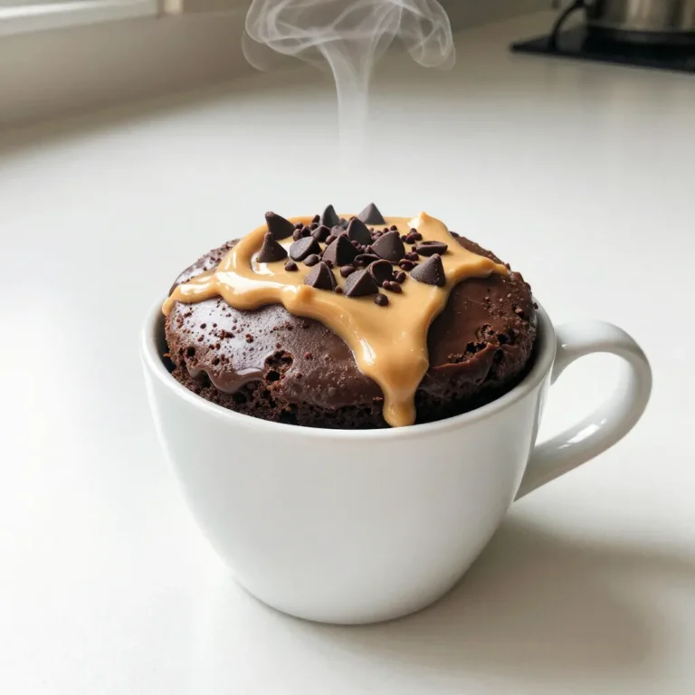 To make a delicious chocolate peanut butter mug cake, you'll need some simple ingredients. Here’s what you need: - 4 tablespoons all-purpose flour - 3 tablespoons granulated sugar - 2 tablespoons unsweetened cocoa powder - 1/8 teaspoon baking powder - 1/4 teaspoon salt - 3 tablespoons milk (dairy or non-dairy) - 2 tablespoons peanut butter - 1 tablespoon vegetable oil - 1/4 teaspoon vanilla extract - Optional: chocolate chips for extra indulgence Each ingredient plays a key role. The all-purpose flour gives the cake structure. Sugar adds sweetness, while cocoa powder brings rich chocolate flavor. Baking powder helps the cake rise, and salt balances the taste. Milk keeps the cake moist. Peanut butter adds creaminess and a nutty taste. Vegetable oil contributes to the cake's moistness, and vanilla extract enhances the flavor. If you want something extra, chocolate chips can make it even richer. Gather these items, and you’re ready to create a mug cake that is both simple and tasty. {{ingredient_image_1}} First, grab a microwave-safe mug, about 12 ounces. In that mug, mix these dry ingredients: - 4 tablespoons all-purpose flour - 3 tablespoons granulated sugar - 2 tablespoons unsweetened cocoa powder - 1/8 teaspoon baking powder - 1/4 teaspoon salt Stir well to make sure everything combines evenly. This step helps the cake rise nicely. Now, let’s add the wet ingredients to the dry mix. Include: - 3 tablespoons milk (dairy or non-dairy) - 2 tablespoons peanut butter - 1 tablespoon vegetable oil - 1/4 teaspoon vanilla extract Use a fork or small whisk to blend these ingredients. Mix until smooth, with no lumps. If you want some extra fun, fold in a few chocolate chips here! Time to cook! Place the mug in the microwave. Set it for 1 minute and 30 seconds on high. Keep an eye on it. After cooking, the cake should rise and look set. If it's still gooey in the center, microwave it for 15 seconds more. Repeat until it's fully cooked. Let the mug cake cool for a minute before enjoying it. For a tasty twist, top with whipped cream, more peanut butter, or chopped nuts! To get a great texture, mix your dry ingredients well. This step helps combine the flour, sugar, and cocoa powder. If you skip this, your cake may have lumps. After mixing the dry ingredients, add the wet ones. Stir until smooth; no lumps should remain. Microwave timing is key. Start with 1 minute and 30 seconds. If the center feels gooey, cook in 15-second bursts. Each microwave is different, so check often. You want a fluffy cake, not a rubbery one. Add delicious toppings to elevate your mug cake. Whipped cream is a great choice. You can also drizzle more peanut butter on top. For a fun twist, sprinkle chopped nuts or chocolate chips. Each adds texture and flavor. If you want to cut sugar, try using honey or maple syrup. These natural sweeteners work well and add a different taste. Adjust the amount slightly, as they are sweeter than sugar. One common mistake is overmixing or undermixing the batter. Overmixing can make the cake dense. Undermixing leads to lumps. Aim for a smooth batter for the best rise. Another mistake is overcooking the mug cake. Keep an eye on it while it cooks. If you overcook, it can dry out. Trust your instincts and check for doneness! Pro Tips Mix Well: Make sure to thoroughly mix the dry ingredients before adding the wet ingredients to avoid any lumps in your mug cake. Customize Your Flavor: Feel free to experiment with different nut butters or add-ins like chopped nuts, dried fruits, or spices like cinnamon for a unique twist. Microwave Power Variations: Since microwaves vary in power, keep an eye on your cake as it cooks, and adjust the time accordingly. Start with less time and add more as needed. Serving Suggestions: For an extra indulgent dessert, serve your mug cake with a scoop of ice cream or a drizzle of chocolate sauce. {{image_2}} To make a vegan mug cake, switch to non-dairy milk. Almond, soy, or oat milk works great. You can also use flaxseed meal or applesauce as an egg substitute. Mix 1 tablespoon of flaxseed with 2.5 tablespoons of water. Let it sit for a few minutes to thicken. This will help bind your cake without eggs. For a gluten-free mug cake, try using almond flour or a gluten-free flour blend. Make sure it includes xanthan gum for fluffiness. This keeps the cake light and airy. You can also mix in a bit of cornstarch to improve the texture further. Want to spice things up? Add a pinch of cinnamon or a dash of espresso powder. These flavors pair well with chocolate and peanut butter. You can also swap peanut butter for almond or cashew butter. Each nut butter gives a unique taste to your cake. To keep your mug cake fresh, store it in an airtight container. This helps prevent it from drying out. You can place the container in the fridge for up to two days. If your mug cake starts to lose its charm, you can revive it. Add a splash of milk and microwave it for 10 seconds. This will bring back some moisture. You can easily reheat your mug cake in the microwave or oven. For the microwave, heat for 15-30 seconds. Check it often to avoid overcooking. If you prefer the oven, set it to 350°F and heat for about 5 minutes. Using the oven keeps the texture nice. Remember to cover the cake with foil to keep it from drying out. Get creative with your mug cake! You can top it with whipped cream or a scoop of ice cream. A drizzle of chocolate syrup adds an extra touch of fun. Pair it with a hot cup of coffee for a cozy dessert. You can also serve it with fresh berries for a fruity twist. Enjoy mixing and matching toppings to find your favorite combo! You can use an oven or stovetop to make a mug cake. When using an oven, preheat it to 350°F (175°C). Pour your batter into an oven-safe mug. Bake for about 15-20 minutes until set. If using a stovetop, place a pot with a lid on medium heat. Add water to the pot, then place a heat-safe mug inside. Cover and steam for about 15-20 minutes. Adjustments are needed in cooking time and temperature. The batter will need longer to bake in an oven. Monitor closely so it doesn’t overbake. You can prep the dry ingredients ahead of time. Mix flour, sugar, cocoa, baking powder, and salt. Store this mix in a sealed container. When you’re ready to bake, just add the wet ingredients. For storage, you can keep the dry mix in a cool, dry place. It lasts for weeks. But once baked, eat the mug cake right away. It tastes best fresh. If you have nut allergies, try sunflower seed butter or soy nut butter. These options mimic the creaminess of peanut butter. You can also use tahini or even cream cheese for a tasty twist. If you want a different flavor, consider using almond butter or cashew butter. Each choice will give your mug cake a unique taste. Just remember, the consistency may change slightly with different ingredients. You now know how to make a delicious mug cake with just a few ingredients. Start with all-purpose flour and cocoa powder, then mix in your wet ingredients. Remember, mixing well is key for the best texture. Don't forget to experiment with toppings and flavors. If you want to save leftovers, store them properly. You can even reheat them for a quick treat later. Enjoy your baking, and don’t be afraid to try new twists on this easy recipe!
