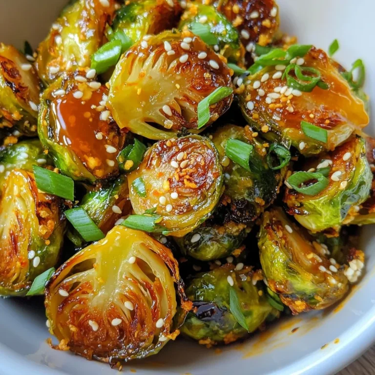 - 1 lb Brussels sprouts, halved - 3 tablespoons olive oil - 2 tablespoons honey - 1 tablespoon Sriracha sauce (adjust for spiciness) - 1 teaspoon garlic powder - Salt and pepper, to taste - 2 tablespoons sesame seeds (for garnish) - 2 green onions, sliced (for garnish) When cooking, accurate measurements matter. Here’s a simple guide for the main ingredients: - Brussels sprouts: Use a standard bag from the store. - Olive oil: Measure with a tablespoon. - Honey: Use a tablespoon for the right sweetness. - Sriracha sauce: Start with one tablespoon for mild heat. - Garlic powder: One teaspoon gives great flavor. - Salt and pepper: Use to your taste, but start small. - Sesame seeds and green onions: Add as desired for garnish. Garnishes add color and flavor. Here are some great options: - Sesame seeds: Toast them for extra crunch. - Green onions: Slice them thin for a fresh taste. - Chili flakes: Add for more heat if you like. - Cilantro: Use fresh leaves for a bright finish. These ingredients create a tasty mix of sweet and spicy. They make Brussels sprouts shine! {{ingredient_image_1}} First, set your oven to 425°F (220°C). This high heat helps the Brussels sprouts become crispy. Line a baking sheet with parchment paper. This makes cleanup easy and keeps the sprouts from sticking. Wash the Brussels sprouts under cold water. Trim off the ends to remove any tough parts. Halve each sprout to help them cook evenly. This step is key for a good roast. In a small bowl, combine 3 tablespoons of olive oil, 2 tablespoons of honey, and 1 tablespoon of Sriracha sauce. Adjust the Sriracha based on your spice preference. Add 1 teaspoon of garlic powder, salt, and pepper. Whisk everything together until it’s smooth. Place the halved Brussels sprouts in a large bowl. Pour the honey Sriracha sauce over them. Toss well so every sprout gets coated. Spread them in a single layer on the baking sheet. Roast for 20-25 minutes. Halfway through, stir them for even cooking. They should be golden and crispy when done. Once roasted, take them out of the oven. Transfer the Brussels sprouts to a serving platter. For extra crunch and flavor, sprinkle 2 tablespoons of sesame seeds and sliced green onions on top. Enjoy this tasty side dish! You can change the heat of your dish by adjusting the Sriracha. If you love spice, add more Sriracha. For a milder flavor, start with just a teaspoon. Taste your sauce before you coat the Brussels sprouts. This helps you find the right balance for your taste. To get the best texture, cut the Brussels sprouts in half. This helps them cook evenly and get crispy. Spread them out on the baking sheet. Make sure they do not touch. Stir them halfway through cooking. This promotes even roasting and helps achieve a nice, golden-brown color. You can prep the Brussels sprouts a day in advance. Wash and cut them, then store them in the fridge. Mix the sauce and keep it separate. When you're ready, just toss them together and roast. This saves time and makes dinner stress-free. Pro Tips Adjust the Spice Level: If you prefer less heat, reduce the amount of Sriracha. You can also mix in a bit of sweet chili sauce for a milder flavor. Even Roasting: For perfectly roasted Brussels sprouts, make sure they're spread out in a single layer on the baking sheet. Crowding them will cause steaming instead of roasting. Enhance the Flavor: Adding a splash of balsamic vinegar before serving can elevate the dish with a tangy richness that complements the honey and Sriracha. Storage Tips: Leftover Brussels sprouts can be stored in an airtight container in the fridge for up to 3 days. Reheat in the oven for the best texture. {{image_2}} You can add more veggies to your Honey Sriracha Brussels sprouts. Carrots, bell peppers, or sweet potatoes work well. Just cut them into similar sizes as the sprouts. This way, everything cooks evenly. Toss them with the same honey Sriracha sauce. The mix of flavors makes your dish even better. Plus, you get more colors and nutrients on your plate. These Brussels sprouts shine as a side dish. They pair well with grilled chicken or fish. You can also serve them as an appetizer. Guests love small servings of these spicy-sweet sprouts. Just place them on a platter with toothpicks. This makes it easy for everyone to grab and enjoy. You can serve them warm or at room temperature. This recipe is already vegetarian. To make it vegan, simply use maple syrup instead of honey. The taste will still be great! This small swap keeps the dish plant-based. You can enjoy the same sweet and spicy goodness. It’s a perfect choice for anyone who avoids animal products. After you enjoy your Honey Sriracha Brussels Sprouts, store any leftovers in an airtight container. They will stay fresh for up to three days in the fridge. Make sure to let them cool before sealing the container. This helps keep them crispy and tasty. If you want, you can also separate the sauce from the sprouts to keep them even fresher. When you’re ready to eat your leftovers, preheat your oven to 350°F (175°C). Spread the Brussels sprouts on a baking sheet. Heat them for about 10-15 minutes. This gives you crispy sprouts again. You can also use a microwave if you're in a hurry. Simply place them in a microwave-safe dish and heat for 1-2 minutes. Stir halfway for even heating. If you want to keep your Brussels sprouts for longer, consider freezing them. First, cook them as usual. Then, let them cool completely. Spread them in a single layer on a baking sheet and freeze for about 1-2 hours. Once frozen, transfer them to a freezer-safe bag. They can last for up to three months in the freezer. When you're ready to use them, just thaw and reheat! Yes, you can use frozen Brussels sprouts. They may not roast as well. Thaw them first to help with cooking. Make sure to pat them dry. This helps remove extra moisture. To make your Brussels sprouts crispy, follow these tips: - Cut them in half for more surface area. - Use enough oil to coat them well. - Spread them out on the baking sheet. - Avoid overcrowding, so they roast, not steam. - Roast at a high temperature for a nice crunch. You can substitute Sriracha with other hot sauces like: - Chili garlic sauce - Gochujang (Korean chili paste) - Buffalo sauce These options will still give you a nice kick. Adjust the amount based on your heat level. You can store leftover Brussels sprouts in an airtight container. They will last about 3 to 4 days in the fridge. For best taste, reheat them in the oven. This keeps them crispy. Avoid using the microwave, as it can make them soggy. This blog post covered how to make tasty Honey Sriracha Brussels sprouts. We talked about key ingredients, measurements, and how to prepare them step-by-step. I shared tips for spice levels and even cooking. We looked at variations and storage options, plus answered common questions. In conclusion, I hope you try this easy recipe. It’s great for any meal. Enjoy the burst of flavor and crunch! You’ll love making it again and again.