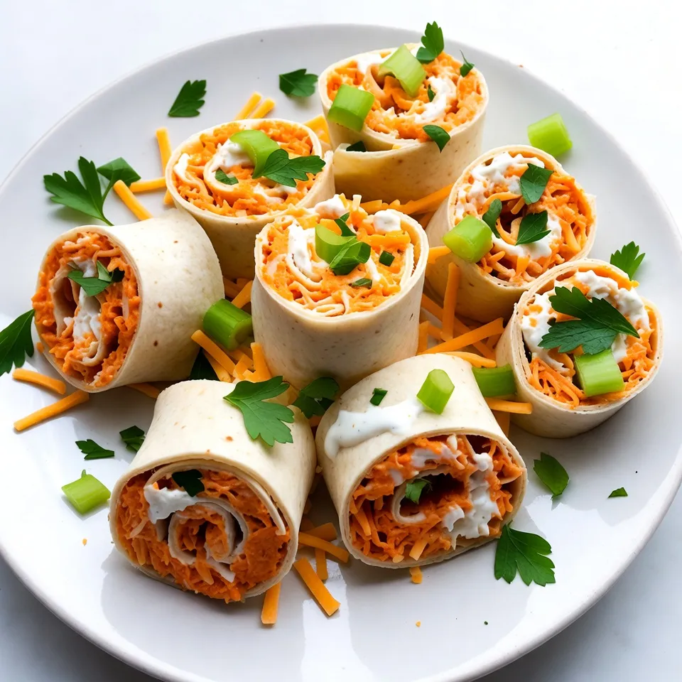 To make delicious Buffalo Chicken Pinwheels, you need the right ingredients. Here’s what you will use: - 2 cups shredded cooked chicken - 1/2 cup cream cheese, softened - 1/2 cup buffalo sauce (hot sauce) - 1 cup shredded cheddar cheese - 1/2 cup chopped celery - 1/4 cup green onions, finely sliced - 4 large flour tortillas - 1/4 cup ranch dressing (for serving) Each ingredient adds a unique taste and texture. The chicken brings protein, while cream cheese gives a creamy base. The buffalo sauce adds heat, and the cheddar cheese enhances the flavor. Celery and green onions add crunch and freshness. You can make your pinwheels even better with a few garnishes. Here are some options: - Fresh parsley for color and taste - Extra ranch dressing for dipping Garnishes make your dish more appealing and flavorful. They can also add a nice pop of color to your plate, making it a feast for the eyes. If you don’t have some ingredients on hand, don’t worry! Here are some easy swaps: - Use shredded rotisserie chicken instead of cooked chicken - Swap cream cheese for Greek yogurt for a lighter option - Try a different cheese, like pepper jack, for a spicy kick - Use whole wheat tortillas for a healthier choice These substitutions help you adapt the recipe to what you have available. You can still enjoy tasty Buffalo Chicken Pinwheels without missing out on flavor. {{ingredient_image_1}} To start, take a mixing bowl. Add 2 cups of shredded cooked chicken. Next, include 1/2 cup of softened cream cheese. Pour in 1/2 cup of buffalo sauce. Mix these ingredients well. You want the chicken to be fully coated. Then, add 1 cup of shredded cheddar cheese. Toss in 1/2 cup of chopped celery and 1/4 cup of finely sliced green onions. Stir until every ingredient is mixed. This mixture has a great flavor and texture. Now, you need large flour tortillas. Lay one tortilla flat on a clean surface. Spoon about 1/4 of the chicken mixture in the middle. Spread it out a bit, but leave space at the edges. This helps when you roll it up. Carefully roll the tortilla tightly from one end to the other. Keep the filling snug as you roll. Repeat this with the rest of the tortillas and chicken mixture. Each roll should be filled and rolled well. After rolling all the tortillas, wrap them in plastic wrap. Place them in the fridge for at least 30 minutes. This step firms up the rolls. Once chilled, take them out. Slice each roll into bite-sized pieces. Make sure your cuts are even for a nice look. Arrange the pinwheels on a colorful platter. Drizzle with ranch dressing for added flavor. If you like, add fresh parsley on top for a nice touch. Enjoy your tasty Buffalo chicken pinwheels! To make the best Buffalo chicken pinwheels, use shredded cooked chicken. You can use rotisserie chicken for ease. Mix the chicken with cream cheese and buffalo sauce until smooth. This step is key to getting all the flavors blended. Spread the mixture evenly across the tortilla. Leave some space so you can roll it tightly. Rolling too loose can make the filling fall out. Once you roll your tortillas, chill them. This helps the pinwheels hold their shape. These pinwheels are great for parties. Serve them on a colorful platter to catch eyes. A drizzle of ranch dressing on top adds a creamy touch. Pair them with celery sticks for crunch. You can also add carrot sticks for extra color and taste. If you want a fun twist, serve them with extra buffalo sauce on the side. Guests love to dip! To boost flavors, add chopped celery and green onions. These give a nice crunch and freshness. You can also mix in some blue cheese for a classic flavor. If you like it spicy, add more buffalo sauce to the mix. Try using flavored tortillas, like spinach or sun-dried tomato, for added taste. This small change makes a big difference! Experiment with different ingredients to find your favorite mix. Pro Tips Use Leftover Chicken: This recipe is a great way to use up leftover rotisserie chicken, saving time and enhancing flavor. Customize Heat Level: Adjust the amount of buffalo sauce to control the spiciness. You can also try different hot sauce brands for varied flavors. Chill Before Slicing: Refrigerating the rolled pinwheels for at least 30 minutes helps them hold their shape and makes slicing easier. Experiment with Fillings: Feel free to add other ingredients like diced pickles, jalapeños, or different cheeses to create your ideal flavor combination. {{image_2}} If you love heat, try adding more buffalo sauce. Mix in 1 teaspoon of cayenne pepper for extra spice. You can also use spicy ranch dressing as a dip. This gives a nice kick and makes your taste buds dance! For a vegetarian option, swap the chicken for shredded jackfruit or chickpeas. Use vegan cream cheese and dairy-free cheese. You still get the creamy texture and bold flavors. It’s a great way to enjoy pinwheels without meat! You can get creative with fillings! Add roasted red peppers for sweetness. Fresh spinach gives a nice crunch. Try different cheeses like pepper jack or feta for a unique twist. You can even include black beans for a hearty addition. To keep leftover Buffalo Chicken Pinwheels fresh, wrap them tightly in plastic wrap. This helps keep them moist and tasty. Store them in the fridge for up to three days. If you want to save them longer, freezing is a great option. You can freeze Buffalo Chicken Pinwheels too! After you roll them up, wrap each pinwheel in plastic wrap. Then, place them in a freezer bag. Squeeze out any air before sealing. They can last in the freezer for up to three months. When you're ready to eat, just thaw them in the fridge overnight. For the best flavor and texture, eat the pinwheels within three days when stored in the fridge. If frozen, aim to enjoy them within three months. This ensures you get the best taste and freshness from your pinwheels. Yes, you can make Buffalo Chicken Pinwheels ahead of time. I often prepare them a day in advance. Just wrap them well in plastic wrap and store them in the fridge. This helps the flavors blend nicely. When you’re ready to serve, slice them up, and they’re good to go! Buffalo Chicken Pinwheels pair well with many tasty sides. Here are some ideas: - Celery sticks - Carrot sticks - Extra ranch dressing - A fresh veggie platter - Chips or pretzels These sides add a nice crunch and balance the flavors. You can mix and match based on what you like. To make pinwheels less spicy, use mild buffalo sauce. You can also mix in more cream cheese to cool down the heat. Adding more shredded cheddar cheese helps too. Another option is to serve the pinwheels with extra ranch dressing. This will tone down the spice for anyone who prefers a milder flavor. You learned how to make tasty Buffalo Chicken Pinwheels. We covered the key ingredients, plus options to customize your pinwheels. I shared steps to prepare, assemble, and chill them for the best taste. Tips for serving and flavor ideas were included, along with tasty variations and storage options. These pinwheels are simple and fun to make. Enjoy them at your next gathering. You can impress friends and family with these easy recipes. Get ready to have fun in the kitchen!