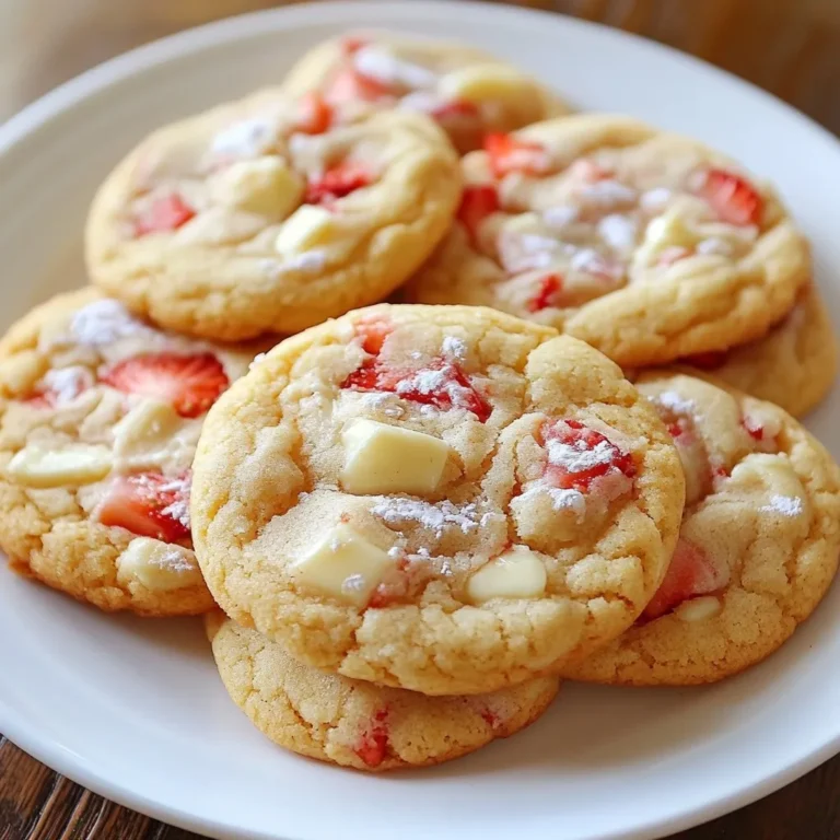 To make strawberry cheesecake cookies, you need the following ingredients: - 1 cup cream cheese, softened - 1/2 cup unsalted butter, softened - 1 cup granulated sugar - 1/2 cup brown sugar - 1 large egg - 1 teaspoon vanilla extract - 2 cups all-purpose flour - 1 teaspoon baking powder - 1/2 teaspoon baking soda - 1/4 teaspoon salt - 1 cup fresh strawberries, diced - 1/2 cup white chocolate chips (optional) These ingredients blend to create a rich, creamy cookie that bursts with strawberry flavor. You can swap some ingredients if needed: - Use Greek yogurt instead of cream cheese for a lighter option. - Coconut oil can replace unsalted butter for a dairy-free treat. - For a lower sugar version, consider using a sugar substitute like stevia. - If you don’t have white chocolate chips, dark chocolate or butterscotch chips work well. These substitutes still yield tasty cookies without losing the essence. Using high-quality ingredients makes a big difference. Fresh strawberries add bright flavor and a juicy texture. Softened cream cheese and butter ensure a creamy base, leading to soft cookies. Choose organic or local strawberries if possible. They taste better and support local farmers. Quality ingredients elevate your cookies, making them special and memorable. {{ingredient_image_1}} Start by preheating your oven to 350°F (175°C). Line a baking sheet with parchment paper. This keeps the cookies from sticking. In a large bowl, mix the softened cream cheese and butter. Use an electric mixer to beat them until smooth. Next, add the granulated sugar and brown sugar. Mix until they blend well. Now, crack in the egg and pour in the vanilla extract. Beat this mixture until it is fully combined. In another bowl, whisk together the flour, baking powder, baking soda, and salt. Gradually add this dry mix to the wet mix. Stir until just combined. Be gentle; overmixing can make cookies tough. Finally, fold in the diced strawberries and white chocolate chips if you choose to use them. Using a cookie scoop or a tablespoon, drop rounded balls of dough onto your baking sheet. Leave space between each one; they will spread out while baking. Bake for 10-12 minutes. Look for lightly golden edges but soft centers. This balance is key for the perfect texture. Once baked, let the cookies cool on the baking sheet for about 5 minutes. Then, transfer them to a wire rack to cool completely. For a lovely presentation, arrange the cookies on a platter. Dust them lightly with powdered sugar. Serve with fresh strawberry slices on the side. This adds color and flavor to your treat! To get the best texture in your strawberry cheesecake cookies, always use softened cream cheese and butter. This helps blend them well. Make sure to mix until smooth and creamy. Do not overmix the dough after adding flour. This keeps your cookies soft and chewy. The key is to gently fold in the strawberries. This way, they keep their shape and flavor. When you bake, always preheat your oven. This helps the cookies rise well. Use parchment paper on your baking sheet. It prevents sticking and makes cleanup easy. I recommend using a cookie scoop for even sizes. This helps the cookies bake evenly. Bake until the edges are golden but the centers stay soft. They will firm up as they cool. One common mistake is using cold cream cheese or butter. This can lead to lumps in your dough. Avoid overmixing once you add flour. This makes cookies tough. Also, do not skip chilling the dough if it feels too soft. Chilling helps the cookies hold their shape while baking. Always check your oven's temperature with an oven thermometer. An incorrect temperature can ruin your cookies. Pro Tips Use Room Temperature Ingredients: Make sure your cream cheese and butter are at room temperature for easier mixing and a smoother dough. Fresh Strawberries are Key: For the best flavor, use fresh, ripe strawberries. If using frozen, ensure they are fully thawed and drained to prevent excess moisture. Don’t Overmix the Dough: Mix just until the dry ingredients are incorporated to keep the cookies soft and tender. Cooling Time Matters: Allow the cookies to cool on the baking sheet before transferring them to a wire rack to maintain their shape. {{image_2}} You can change the flavor of these cookies easily. Try adding lemon zest for a fresh twist. It brightens the taste and adds a nice zing. You can also swap the strawberries for blueberries or raspberries. Each fruit gives a different taste and look. Want something extra sweet? Add white chocolate chips to the mix. They melt beautifully and add creamy goodness. You can make these cookies gluten-free. Use almond flour or a gluten-free flour blend. This keeps the texture nice and soft. To make them vegan, replace the cream cheese with a plant-based version. Use flaxseed mixed with water instead of the egg. It binds the dough well. Choose vegan butter for a full dairy-free treat. These swaps keep the cookies tasty and enjoyable for everyone. Seasonal flavors can make these cookies fun! In the fall, add pumpkin spice for a cozy taste. For winter, a hint of peppermint extract brings a festive feel. You can also mix in chopped pecans or walnuts for crunch. This works well for holiday gatherings. In spring, try adding chopped mint leaves. They give a refreshing kick that pairs nicely with strawberries. Each season offers a chance to try something new and exciting! To keep your strawberry cheesecake cookies fresh, place them in an airtight container. This helps seal in moisture. Store them at room temperature for up to three days. If you want to keep them longer, use the freezer. You can freeze these cookies for later. First, let them cool completely. Then, place them in a single layer on a baking sheet. Freeze them for about an hour. Once frozen, transfer the cookies to an airtight container or freezer bag. They can stay in the freezer for up to three months. I recommend using glass or plastic airtight containers. These keep the cookies fresh and safe. If you prefer bags, use heavy-duty freezer bags. Make sure to squeeze out as much air as possible before sealing. This helps prevent freezer burn and keeps your cookies tasty. Yes, you can use frozen strawberries. Just thaw them first. Drain any extra liquid. This helps keep the dough from getting too wet. Cut the strawberries into small pieces. You want them to mix well in the dough. The cookies will still taste great with frozen fruit. If your dough is sticky, add flour a little at a time. Start with one tablespoon. Mix it in and check the texture. You want the dough to be soft but not sticky. Make sure to avoid adding too much flour, as it can change the cookies' texture. A pinch of salt can also help balance the flavors. These cookies stay fresh for about five days. Store them in an airtight container. Keep them at room temperature. If you want them to last longer, freeze them. They can be frozen for up to three months. Just thaw them at room temperature when you want to enjoy them again. Using the right ingredients is key for great cookies. Follow the steps to bake them perfectly every time. Remember to check your storage tips to keep cookies fresh. Don’t forget the variations; they add fun! With these tips, you can avoid common mistakes and improve your baking skills. Enjoy trying out different flavors and sharing your tasty treats with others! Your cookies can be the star of any event. Each batch brings joy, so keep baking and experimenting!