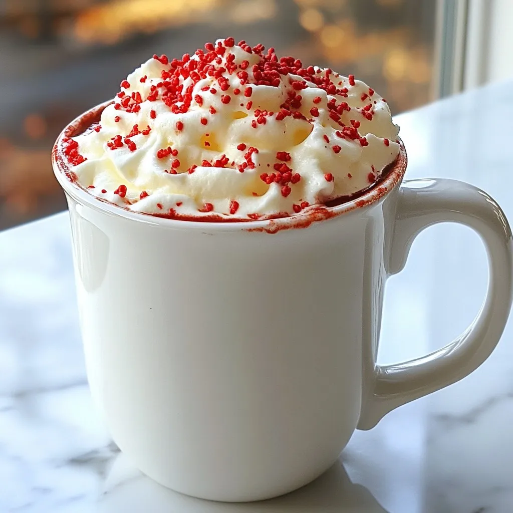 - 2 tablespoons unsweetened cocoa powder - 2 tablespoons red velvet cake mix - 2 cups milk (dairy or non-dairy) - 2 tablespoons sugar (adjust to taste) - 1/4 teaspoon vanilla extract - A pinch of salt - Whipped cream (for topping) - Red sprinkles (for garnish) - Dark chocolate shavings (optional, for extra richness) To make Red Velvet Hot Chocolate, gather your ingredients first. This hot drink is a fun twist on classic hot chocolate. Each ingredient plays a key role in building that rich and smooth taste. Start with unsweetened cocoa powder and red velvet cake mix. They form the base of your drink. The cocoa gives a deep chocolate flavor, while the red velvet mix adds a light sweetness and color. You can choose your milk. Dairy milk provides creaminess, while non-dairy options like almond or oat milk can make it lighter. Adjust the sugar to match your taste. Some like it sweeter, while others prefer a touch of bitterness. Don’t forget vanilla extract and salt! The vanilla enhances the flavors, and salt balances the sweetness. Finally, the toppings are where the magic happens. Whipped cream adds a fluffy texture, red sprinkles brighten the drink, and dark chocolate shavings make it even richer. With these ingredients, you are ready to create a delicious treat that warms the heart! {{ingredient_image_1}} First, gather the cocoa powder, red velvet cake mix, and sugar. In a medium saucepan, add these dry ingredients together. Use a whisk to mix them well. This helps break up any lumps. A smooth mix makes for a creamy hot chocolate later. Next, pour in a splash of milk, about 1/4 cup. Whisk this into the dry mix until it forms a smooth paste. This step is key, as it helps blend everything without clumping. Then, gradually stir in the rest of the milk. This careful addition keeps the hot chocolate silky and rich. Now, place the saucepan over medium heat. Keep whisking while the mixture heats. This constant motion prevents burning and ensures even heating. You want to reach a steaming hot chocolate, but do not let it boil. Once it’s steaming, add the vanilla extract and a pinch of salt. Stir it well to combine all the flavors. Enjoy the process, and soon you'll have a warm cup of red velvet hot chocolate ready to savor! To make the best Red Velvet Hot Chocolate, you must add milk slowly. Start with a splash of milk, about 1/4 cup. This creates a smooth paste with no lumps. It helps mix the dry ingredients well. After that, gradually stir in the rest of the milk. This keeps the hot chocolate creamy. Whisking continuously is key as you heat the mixture. This motion prevents the chocolate from burning. It also helps to achieve a rich and velvety texture. Remember, keep whisking until it steams, but don’t let it boil. Adjust the sugar to fit your taste. If you like it sweeter, add more sugar. You can also add more vanilla extract for a deeper flavor. This little change can make a big difference. Don’t shy away from experimenting with flavors. Consider adding a pinch of cinnamon or nutmeg for warmth. These spices blend well with the chocolate and cake mix. They create a cozy vibe, perfect for chilly days. Presentation is important for any treat. For your hot chocolate, top it with a mountain of whipped cream. Then, sprinkle the top with red sprinkles for a festive touch. Dark chocolate shavings also add richness and elegance. You can get creative with garnishes. Try adding a chocolate stick for stirring or drizzle chocolate syrup on top. These small details make your drink look amazing and taste even better. Enjoy each sip of this delightful treat. Pro Tips Use Quality Cocoa Powder: Opt for high-quality unsweetened cocoa powder to enhance the flavor of your hot chocolate. The better the cocoa, the richer and more delicious your drink will be. Adjust Sweetness: Feel free to adjust the amount of sugar based on your taste preference. Start with the suggested amount and add more if you like it sweeter. Experiment with Milk: Try different types of milk, such as almond, oat, or coconut, to create unique flavors and textures in your hot chocolate. Add a Flavor Twist: For extra flavor, consider adding a dash of peppermint extract or a sprinkle of cinnamon to the mixture before serving. {{image_2}} You can make your Red Velvet Hot Chocolate even more fun. Adding peppermint extract gives a nice minty twist. Just a few drops can change everything. If you love warm spices, try adding cinnamon or nutmeg. These spices make your drink cozy and comforting. If you want a non-dairy version, use oat, almond, or coconut milk. These options still taste great and keep the drink creamy. For those looking to cut sugar, try using honey or agave syrup. These sweeteners add flavor without the extra calories. You can dress your hot chocolate up for holidays. For Christmas, add crushed candy canes or red and green sprinkles. For special occasions, try topping with marshmallows or chocolate drizzle. These simple changes make your drink festive and fun! To keep your Red Velvet Hot Chocolate fresh, store it in an airtight container. Place it in the fridge within two hours of making it. It can last up to three days in the fridge. Make sure to label it with the date so you know when it was made. When you are ready to enjoy your leftover hot chocolate, use a saucepan on low heat. Stir it gently as it warms up. This helps keep the flavors intact. If it seems too thick, add a splash of milk to adjust the consistency. Stir well for a smooth texture. Yes, you can freeze Red Velvet Hot Chocolate! Pour it into a freezer-safe container. Leave some space at the top for expansion. It can last up to three months in the freezer. To thaw, move it to the fridge overnight. Reheat it on low heat, stirring well to restore its creamy texture. What is Red Velvet Hot Chocolate? Red Velvet Hot Chocolate is a sweet drink that mixes cocoa powder with red velvet cake mix. It has a rich, chocolate flavor and a lovely red color. This drink is perfect for cozy nights or special occasions. Can I make this recipe vegan? Yes, you can make this recipe vegan. Use plant-based milk, like almond or oat milk. Make sure to check the cake mix for dairy ingredients. With these swaps, you can enjoy a vegan version. What can I use instead of red velvet cake mix? If you don't have red velvet cake mix, you can create your own mix. Combine flour, sugar, cocoa powder, and a little red food coloring. This mix will give you a similar flavor and color. How to replace cocoa powder with other options? You can use carob powder or dark chocolate powder as substitutes for cocoa powder. Both will provide a different taste, but they can work well in this recipe. What snacks pair well with Red Velvet Hot Chocolate? Some great snacks to enjoy with Red Velvet Hot Chocolate include cookies, brownies, or mini cupcakes. They complement the drink's sweet flavor and make it feel special. Can I serve this drink cold? Yes, you can serve this drink cold! Simply chill the hot chocolate after making it. Pour it over ice, and you have a refreshing treat perfect for warm days. In this article, we explored how to make a delicious Red Velvet Hot Chocolate. We covered each ingredient, from cocoa powder to toppings. I shared step-by-step instructions for creating a rich chocolate base and tips for perfect texture. You learned about variations, storage, and answered common questions. This drink is not just tasty; it can be customized for anyone's needs. Enjoy your warm cup of joy, and don’t hesitate to experiment with flavors. Treat yourself to this cozy delight whenever you crave something sweet and comforting.