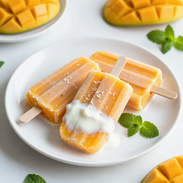 - 2 ripe mangoes, peeled and diced - 1 cup coconut milk - ½ cup Greek yogurt - 2 tablespoons honey or maple syrup - 1 tablespoon lime juice - Pinch of salt - Optional garnishes: Chopped mint or shredded coconut Fresh mangoes give these popsicles a sweet taste. The coconut milk adds creaminess. Greek yogurt makes them smooth and rich. Honey or maple syrup sweetens the mix. Lime juice brightens the flavor. A pinch of salt enhances the taste. You can add garnishes like chopped mint or shredded coconut for fun. These ingredients make the popsicles not just tasty but also beautiful. When you gather these items, you set the stage for a fantastic summer treat. {{ingredient_image_1}} Start by peeling and dicing two ripe mangoes. Place them in a blender. Add one cup of coconut milk, half a cup of Greek yogurt, two tablespoons of honey or maple syrup, one tablespoon of lime juice, and a pinch of salt. Blend everything until smooth. After blending, taste the mixture. If you want it sweeter, add more honey or syrup. Next, take the blended mixture and pour it into popsicle molds. Make sure to leave some space at the top. This space allows the popsicles to expand as they freeze. Now, insert the popsicle sticks into the molds. Carefully place the molds in the freezer. Let them freeze for at least four to six hours. This time ensures they become solid and ready to enjoy. When you’re ready to eat, take the molds out of the freezer. To release the popsicles, run warm water over the outside of the molds for a few seconds. This warmth helps loosen them. Gently pull the popsicles out and enjoy your refreshing treat! To get that smooth and creamy texture, start with ripe mangoes. The sweeter the mango, the better the flavor. Look for mangoes that feel slightly soft to the touch. This softness means they are juicy and ready to use. When it comes to yogurt, I prefer Greek yogurt for this recipe. It gives a richer taste and thicker texture. Regular yogurt works too, but it may not be as creamy. Both options add a nice tang, which balances the sweetness of the mango. You might want to play around with sweetness. Start with two tablespoons of honey or maple syrup. Blend the mixture and taste it. If it needs more sweetness, add a bit more. Remember, the ripeness of the mango affects sweetness too. To enhance the flavor, add lime juice. The lime's tartness brightens the mixture. You can also try adding other fruits, like pineapple or berries. They will blend well with the coconut and mango. Garnishing makes your popsicles look and taste better. Chopped mint adds a fresh touch. You can sprinkle it on top before serving. Shredded coconut is another tasty option. It gives a nice crunch and extra coconut flavor. If you want to get creative, try using different toppings. Crushed nuts or a drizzle of honey can add unique flavors. You can also use colorful fruits for a fun twist. Experiment to find your favorite combinations! Pro Tips Use Frozen Mango: If fresh mangoes are out of season, you can use frozen mango chunks for a creamy texture without the need for additional ice. Experiment with Sweeteners: Feel free to try different sweeteners like agave syrup or stevia to suit your dietary preferences. Layer Flavors: For a fun twist, layer the mango mixture with a coconut layer made of just coconut milk and a bit of sweetener before freezing. Keep them Smooth: Make sure to blend the mixture thoroughly to avoid any chunks, ensuring a smooth popsicle consistency. {{image_2}} You can mix coconut with many fruits. Pineapple adds a sweet and tangy taste. Berries like strawberries or blueberries bring a burst of color and flavor. If you want a tropical fruit blend, try adding banana or passion fruit. Blend fruits for a smooth texture or leave chunks for fun bites. This makes every popsicle unique! You can easily make these popsicles dairy-free. Use almond or soy yogurt instead of Greek yogurt. These options still give you creaminess without dairy. When using these yogurts, you might need to add a bit more sweetener. This helps balance the flavors and keeps them tasty. If you want a lower-sugar treat, try using sweeteners like stevia or erythritol. These can replace honey or syrup in the recipe. Just use less than you would with sugar, as they are often sweeter. Adjust to your taste, and you can enjoy these popsicles while keeping them diet-friendly. To keep your creamy coconut mango popsicles fresh, follow these tips: - Use airtight containers: After freezing, store popsicles in airtight bags or containers. This helps prevent freezer burn. - Label your containers: Write the date on the bag. This way, you know how long they have been in the freezer. - Leave space for expansion: When filling molds, leave a little room at the top. The mixture will expand as it freezes. These simple steps help you enjoy your popsicles at their best. How long do creamy coconut mango popsicles last in the freezer? They can stay fresh for about 2 to 3 months. After that, they may lose flavor and texture. Watch for signs of spoilage. If you see ice crystals forming or the popsicles change color, it’s time to toss them. Trust your senses. If it looks or smells off, don’t risk it! To make these popsicles vegan, swap Greek yogurt for a plant-based yogurt. Look for coconut or almond yogurt. Use maple syrup instead of honey for sweetness. Both changes work well. You still keep the great flavor! If you lack popsicle molds, use small cups. You can also use ice cube trays. Just insert sticks into the cups or trays. Cover them with foil to hold the sticks in place. This way, you can still enjoy your popsicles! Yes, canned coconut milk is a good option. It adds creaminess and flavor. However, check the label for added sugars or preservatives. Fresh coconut milk may taste lighter and fresher. Both choices work, so use what you have! These popsicles bring lots of health benefits. Mangoes are rich in vitamins A and C. They support your immune system. Coconut milk offers healthy fats, which are good for energy. Greek yogurt adds protein and probiotics for gut health. Enjoy a tasty treat that's good for you! Making your own mango coconut popsicles is simple and fun. We covered the key ingredients, step-by-step instructions, and useful tips. You can mix flavors, try dairy-free options, and get creative with toppings. Remember to store them properly for freshness. These popsicles are not just tasty; they're healthy too! Enjoy them as a cool treat or a nutritious snack. Try this recipe, and you'll have a delightful treat ready for hot days!
