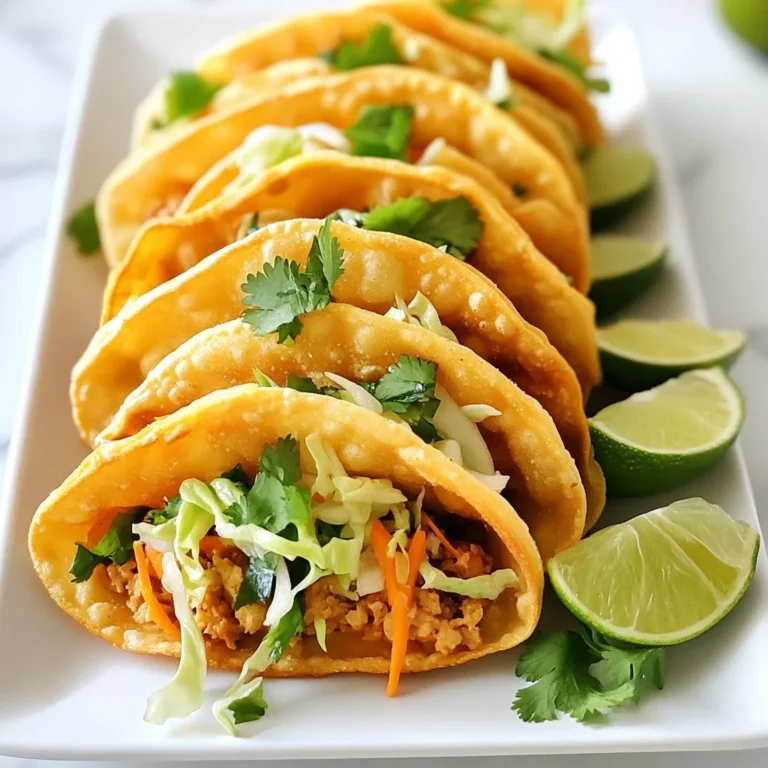 - 1 pound ground chicken - 1 package wonton wrappers - 1 cup shredded cabbage - 1/2 cup grated carrots - 2 green onions, chopped These main ingredients form the base of your chicken wonton tacos. Ground chicken is lean and easy to cook. Wonton wrappers provide a crispy shell that holds all the flavors inside. Fresh vegetables, like cabbage and carrots, add crunch and color. The green onions give a nice, mild onion taste. - 2 tablespoons soy sauce - 1 tablespoon sesame oil - 1 teaspoon sriracha For seasoning, soy sauce adds saltiness and depth. Sesame oil gives a nutty flavor that is savory and rich. Sriracha adds heat, but you can adjust it to your spice level. These seasonings will bring your chicken filling to life. - Fresh cilantro - Lime wedges Garnishes are key to a great dish. Fresh cilantro adds brightness and a hint of herbal flavor. Lime wedges are perfect for squeezing over the tacos, adding acidity and freshness. These simple touches elevate your chicken wonton tacos into a delightful meal. {{ingredient_image_1}} In a large skillet, heat sesame oil over medium heat. Add minced garlic and ginger. Sauté for about 1 minute. The smell will be amazing! Next, add the ground chicken to the skillet. Break it apart with a spatula. Cook it until it is browned and fully cooked, about 5 to 7 minutes. This step is key for flavor. Now, stir in the soy sauce and sriracha. Cook for an additional 2 minutes. This adds a nice kick! Remove the skillet from heat and mix in the shredded cabbage, grated carrots, and chopped green onions. Make sure everything is well combined. Let the filling cool slightly. This helps when you fill the wrappers. While the filling cools, preheat your oven to 375°F (190°C). Place a wonton wrapper on a clean surface. Add a spoonful of the chicken mixture into the center. Fold the edges up to form a taco shape. Press to seal the sides together. Repeat this process with the remaining wrappers and filling. Next, place the wonton tacos on a baking sheet lined with parchment paper. Bake for about 10 to 12 minutes or until the wrappers are golden and crispy. Once they are done, take them out of the oven. Let them cool for a minute before serving. How can I adjust flavors with spices? To boost flavor, add spices like garlic powder or black pepper. These spices enhance the taste without overpowering it. Start with small amounts and taste as you go. What are the cooking tips for even browning? For even browning, use a hot skillet. Break the chicken apart as it cooks. Stir occasionally to help it brown evenly. This ensures a nice texture and rich flavor. How do I seal wonton wrappers properly? To seal wonton wrappers, place a spoonful of filling in the middle. Fold the wrapper in half and pinch the edges tightly. Make sure no air is inside. This keeps the filling from leaking. What are some common mistakes to avoid? Avoid overfilling the wrappers. If you add too much filling, they can break. Also, make sure to seal them well. If they are not sealed, they may open during baking. What are some presentation ideas and dipping sauces? Arrange the wonton tacos on a pretty platter. Garnish with fresh cilantro and lime wedges. Serve with sweet chili and soy sauce for tasty dips. This adds color and flavor. How can I pair them with sides for a complete meal? Serve your tacos with a side of rice or a fresh salad. This balances the meal. You can also add some roasted vegetables. They bring extra nutrition and taste to your table. Pro Tips Control the Spice: Adjust the amount of sriracha to your heat preference. Start with less and increase gradually to avoid overpowering the dish. Perfectly Crispy Wrappers: Ensure your oven is fully preheated before baking the wonton tacos for the best crispiness. Don’t Overfill: Use just enough filling to prevent the wonton wrappers from tearing. A spoonful in the center works perfectly. Garnish Smartly: Fresh cilantro and lime wedges not only enhance the presentation but also add fresh flavor when served. {{image_2}} You can switch the ground chicken for turkey. Turkey has a similar taste and is lean. It also cooks in the same way. If you want a vegetarian option, try tofu. Use firm tofu and crumble it before cooking. You can also use tempeh for a nutty flavor. Both options work great with the same seasonings. Add some spice to your tacos! Try adding cumin or paprika for warmth. Fresh herbs like cilantro or basil can brighten the flavors. You might also enjoy cheese. Creamy cheese like feta or shredded cheddar adds richness. If you want veggies, think about adding bell peppers or mushrooms. You can fry or bake your wonton tacos. Frying gives a crispy texture, but it can add extra oil. To fry, heat oil in a skillet and cook tacos until golden. Baking is healthier. Preheat your oven to 375°F (190°C) and bake for 10-12 minutes for a crispy finish. Want to try an air fryer? It’s simple! Set the air fryer to 375°F (190°C) and cook for about 8-10 minutes. This method keeps them crispy while cutting down on oil. To keep your chicken wonton tacos fresh, follow these tips: - Store leftovers in an airtight container. - Refrigerate them within two hours of cooking. - Consume within three days for the best taste. - For the filling, store it separately from the wrappers. This keeps the wrappers crispy. When reheating, you have options: - The microwave is quick but may make the tacos soft. - The oven keeps them crispy. Preheat to 350°F (175°C) and heat for about 10 minutes. - If using a microwave, heat in short bursts to avoid sogginess. You can freeze chicken wonton tacos easily: - Place tacos on a baking sheet and freeze them for one hour. - Once frozen, transfer them to a freezer bag. - They can last for up to three months. To enjoy, thaw in the fridge overnight. - Reheat in the oven at 350°F (175°C) for about 12-15 minutes. - This keeps them crispy and delicious. To make chicken wonton tacos crispy, follow these tips: - Preheat your oven to 375°F (190°C). - Bake the tacos on parchment paper for even cooking. - Ensure the wonton wrappers are sealed tightly to avoid filling leaks. - Brush a little oil on the wrappers before baking for extra crunch. Crispiness comes from proper baking and the right amount of oil. Avoid overcrowding on the baking sheet for best results. Yes, you can make the filling ahead. Here are some details: - Store the filling in an airtight container. - It stays fresh in the fridge for up to three days. - Reheat the filling before using it in the tacos. This makes meal prep easy and saves you time on busy nights. Some great dipping sauces include: - Sweet chili sauce for a hint of sweetness. - Soy sauce for a salty, umami kick. - Sriracha if you want some heat. These sauces balance the flavors of the tacos and add extra zest. Chicken wonton tacos can be a healthy choice. Here’s why: - Ground chicken is lean and high in protein. - Fresh vegetables add fiber and nutrients. - You can adjust the soy sauce to lower sodium. For healthier options, use whole wheat wonton wrappers or skip the oil when baking. In this blog post, we explored chicken wonton tacos, focusing on their tasty ingredients and easy steps. You learned how to prepare the filling, wrap the tacos, and store leftovers. Don’t forget to try fun variations, like using different proteins or cooking methods. These tacos are not just flavorful; they can be healthy too. Enjoy making this dish for yourself and your loved ones. You now have everything you need to make a delicious meal!